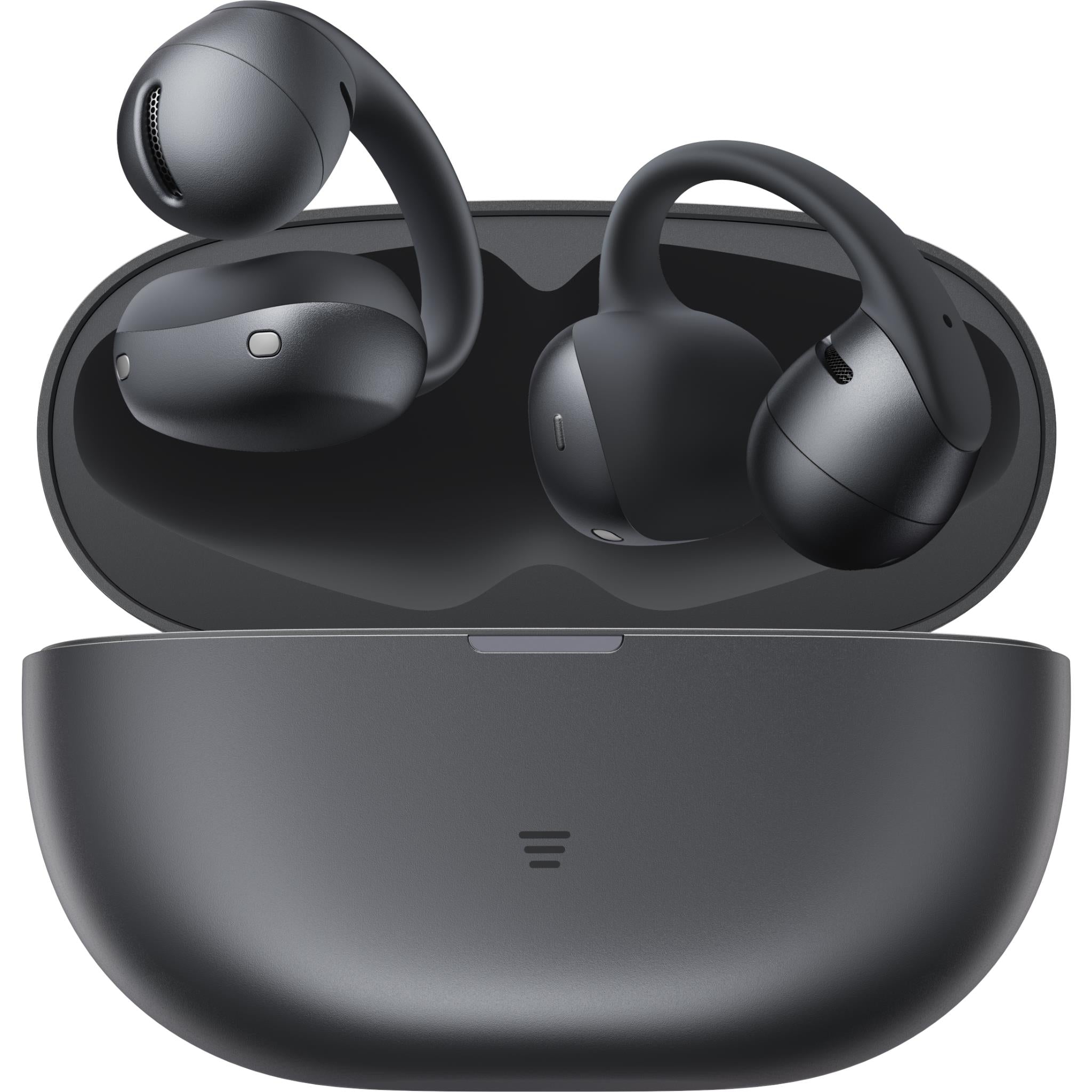 Black open-ear wireless earbuds and charging case, top view with earbuds placed.