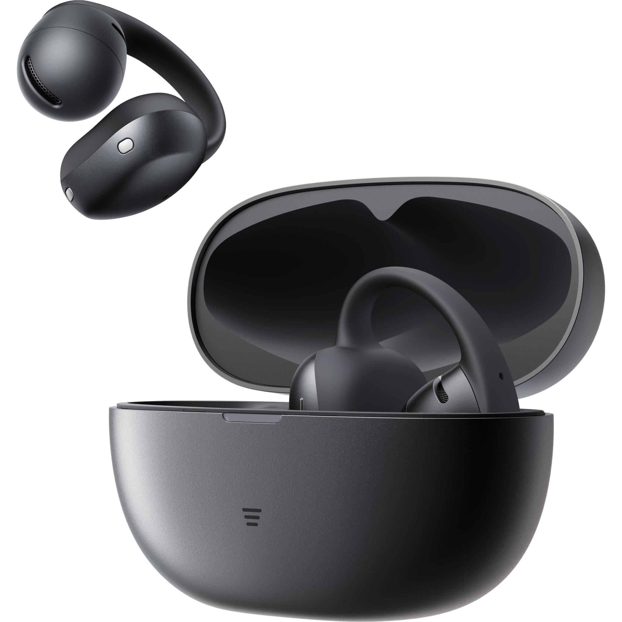 Black charging case open with earbuds resting inside, side and front angles.