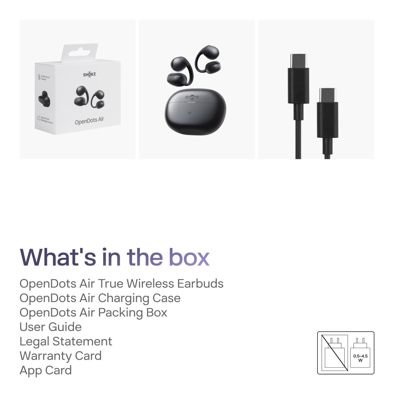 Shokz OpenDots Air kit box with earbuds, charging case, and cables shown.
