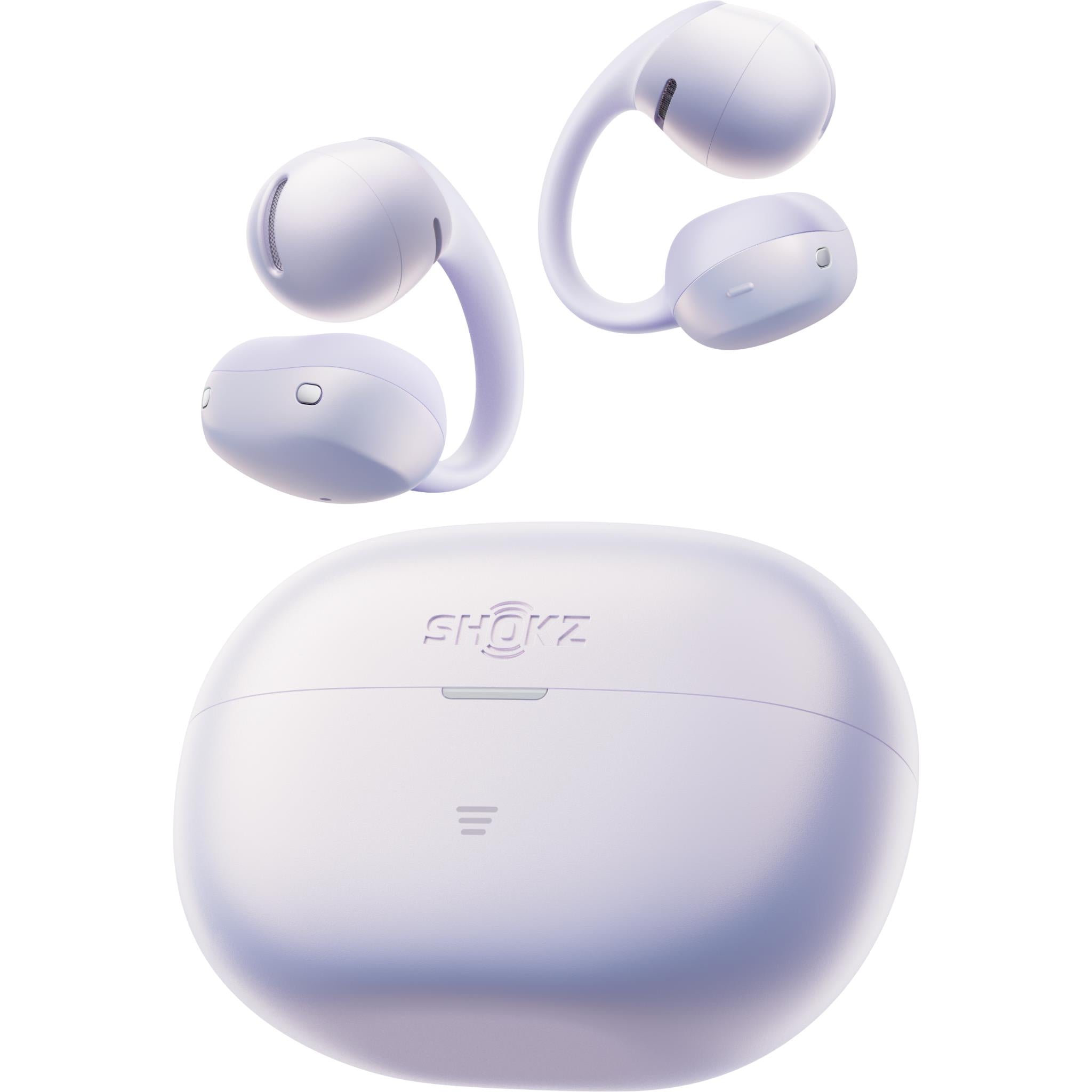 Open-ear wireless earbuds in Daybreak Purple color, shown with charging case