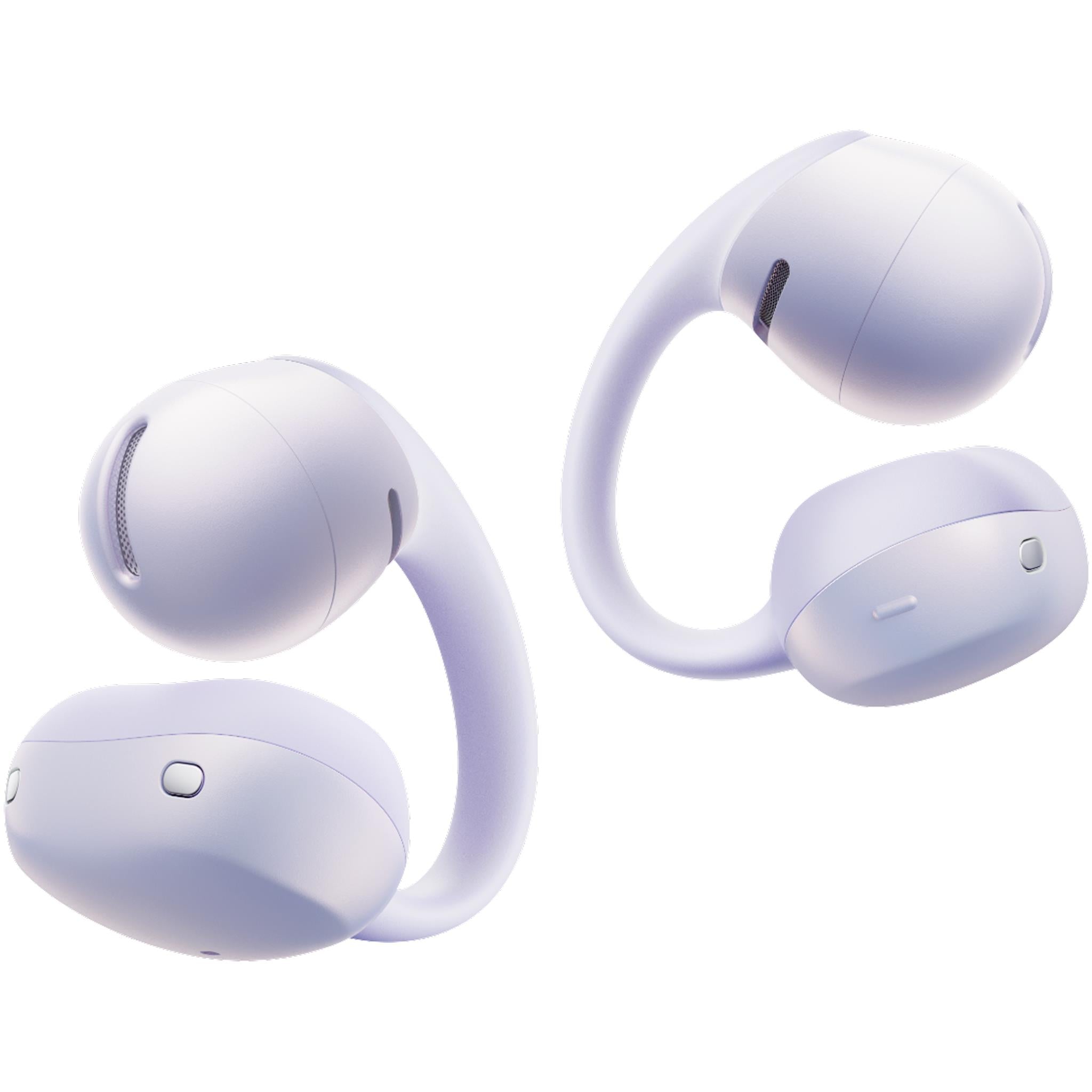 Pair of open-ear wireless earbuds in light purple with visible speaker openings