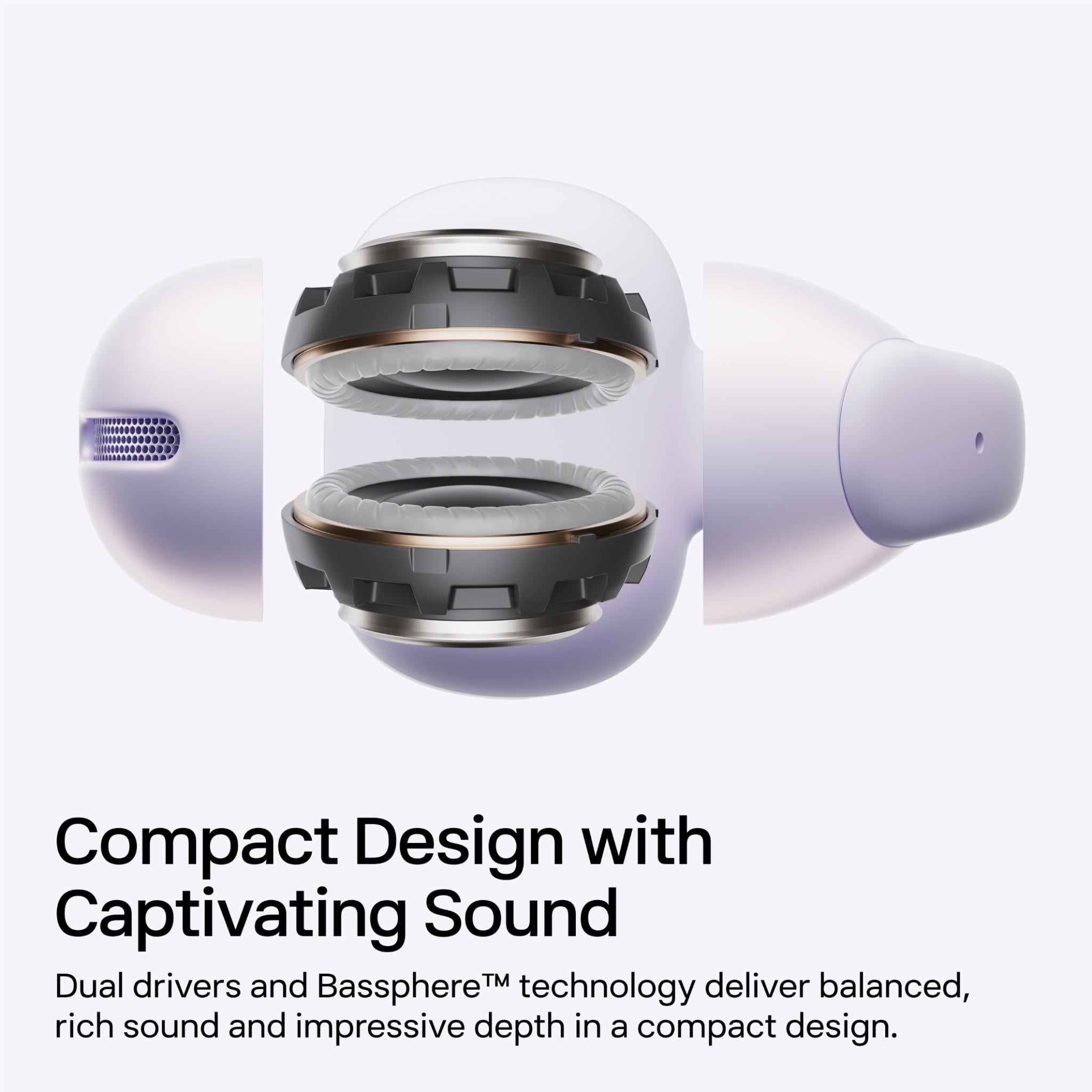 Open-ear wireless earbuds in lavender with exposed inner components, charging case view