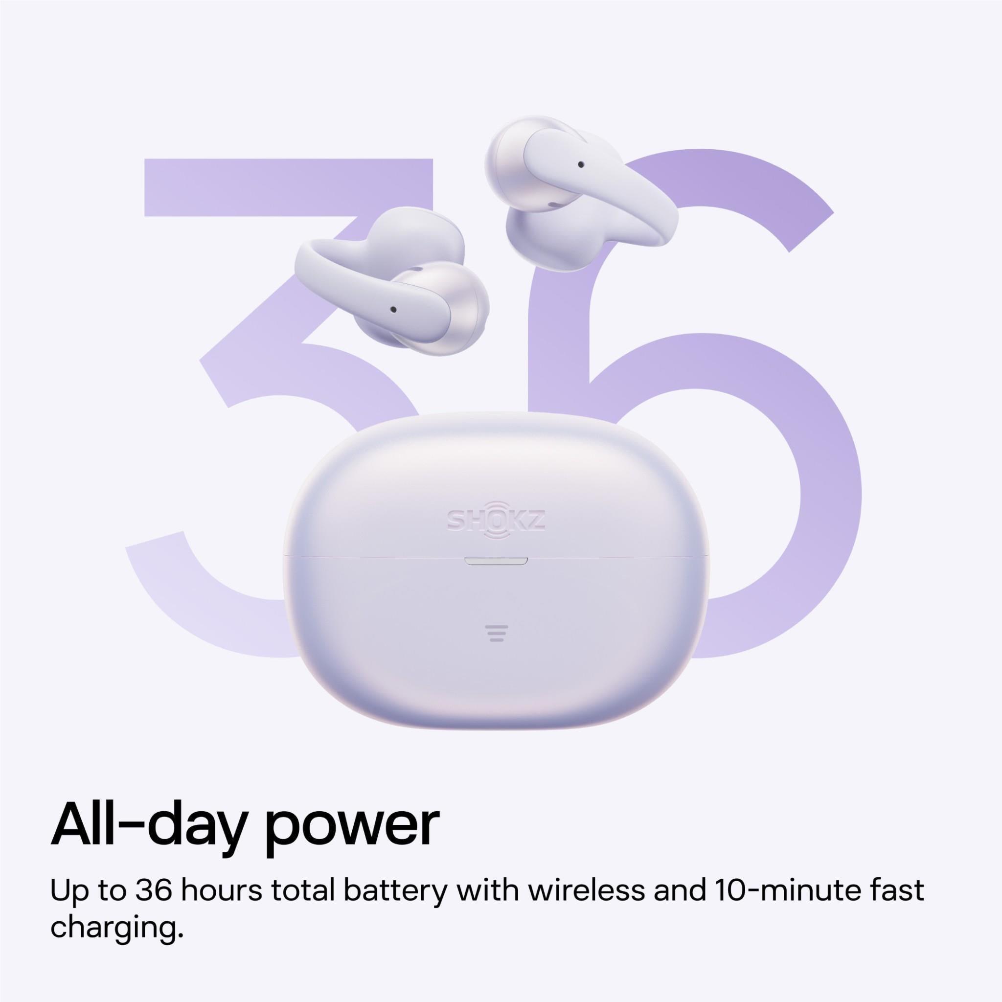 Lavender open-ear earbuds and compact charging case with ear tips and mic detail