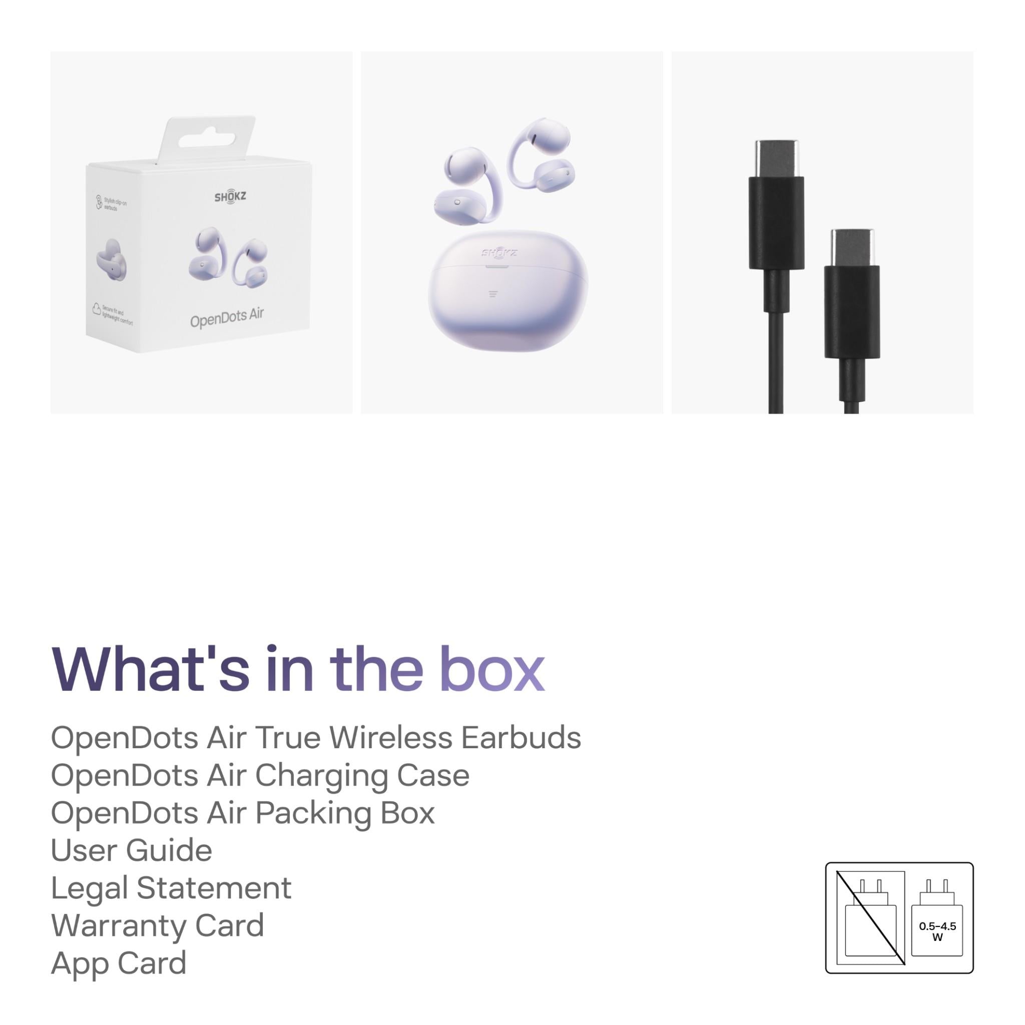 Box contents for open-ear wireless earbuds, including case, ear tips, and user guide