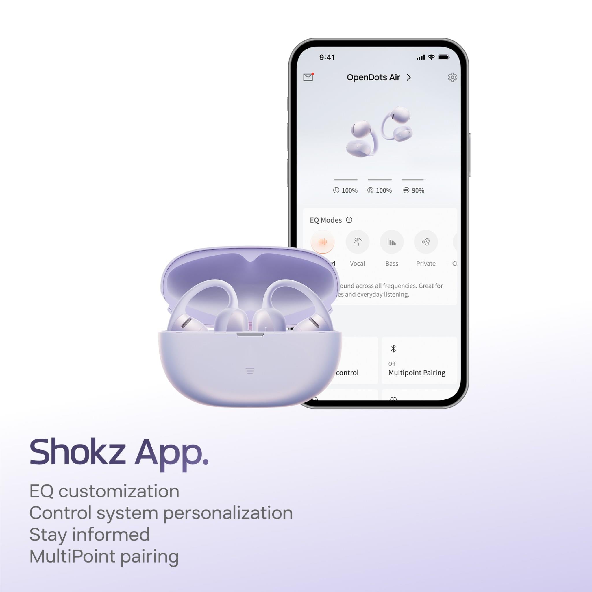 Lavender open-ear earbuds shown with smartphone app interface and charging case