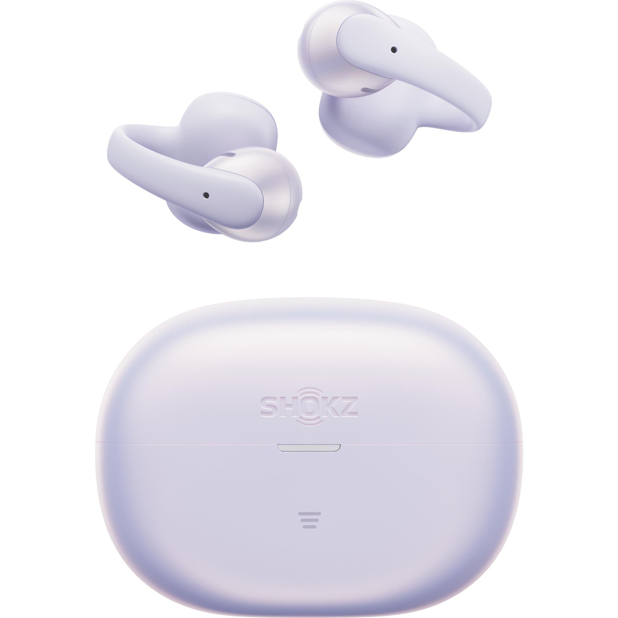 Open-ear earbuds and charging case, Daybreak Purple, with earbuds angled