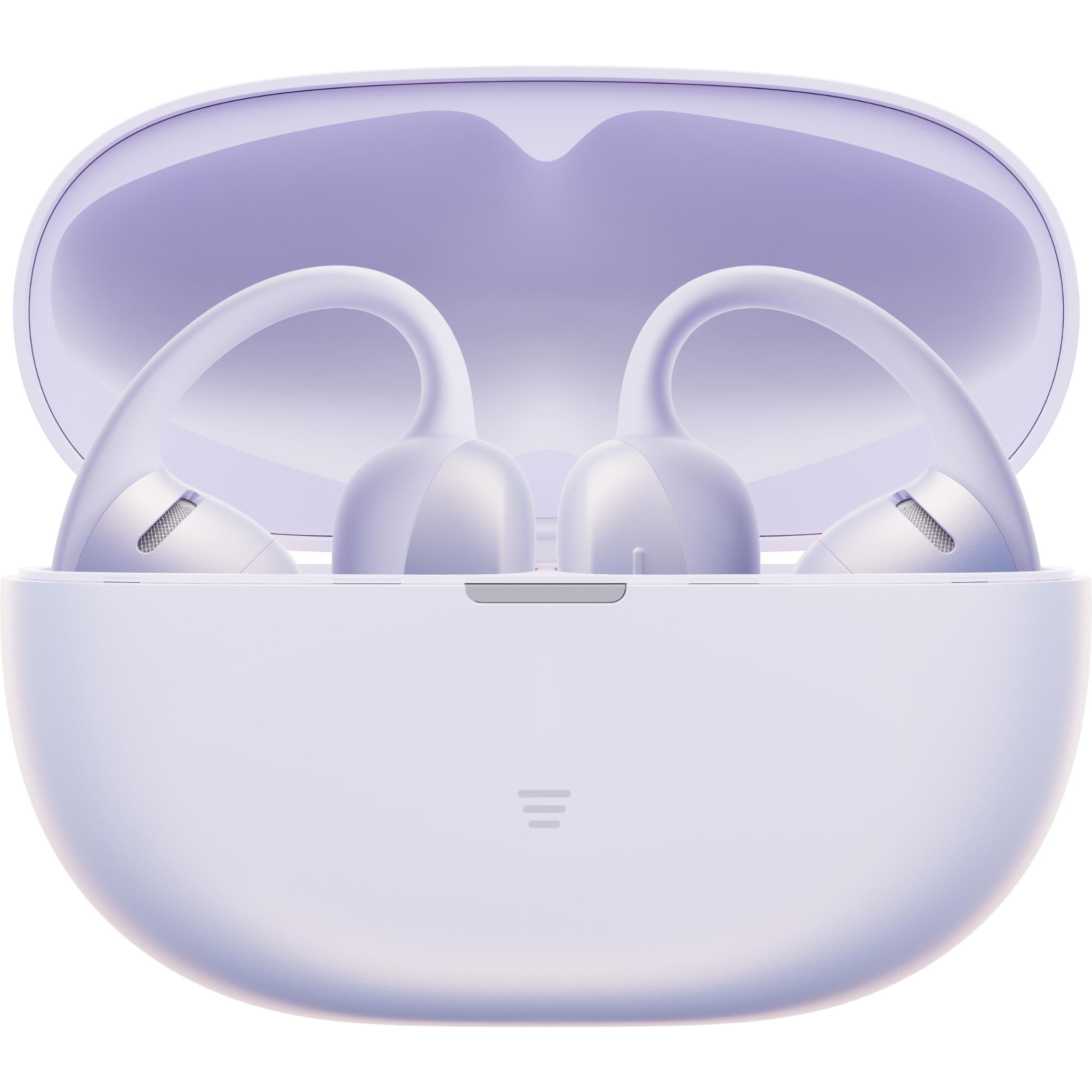 Open charging case holding Daybreak Purple open-ear earbuds inside
