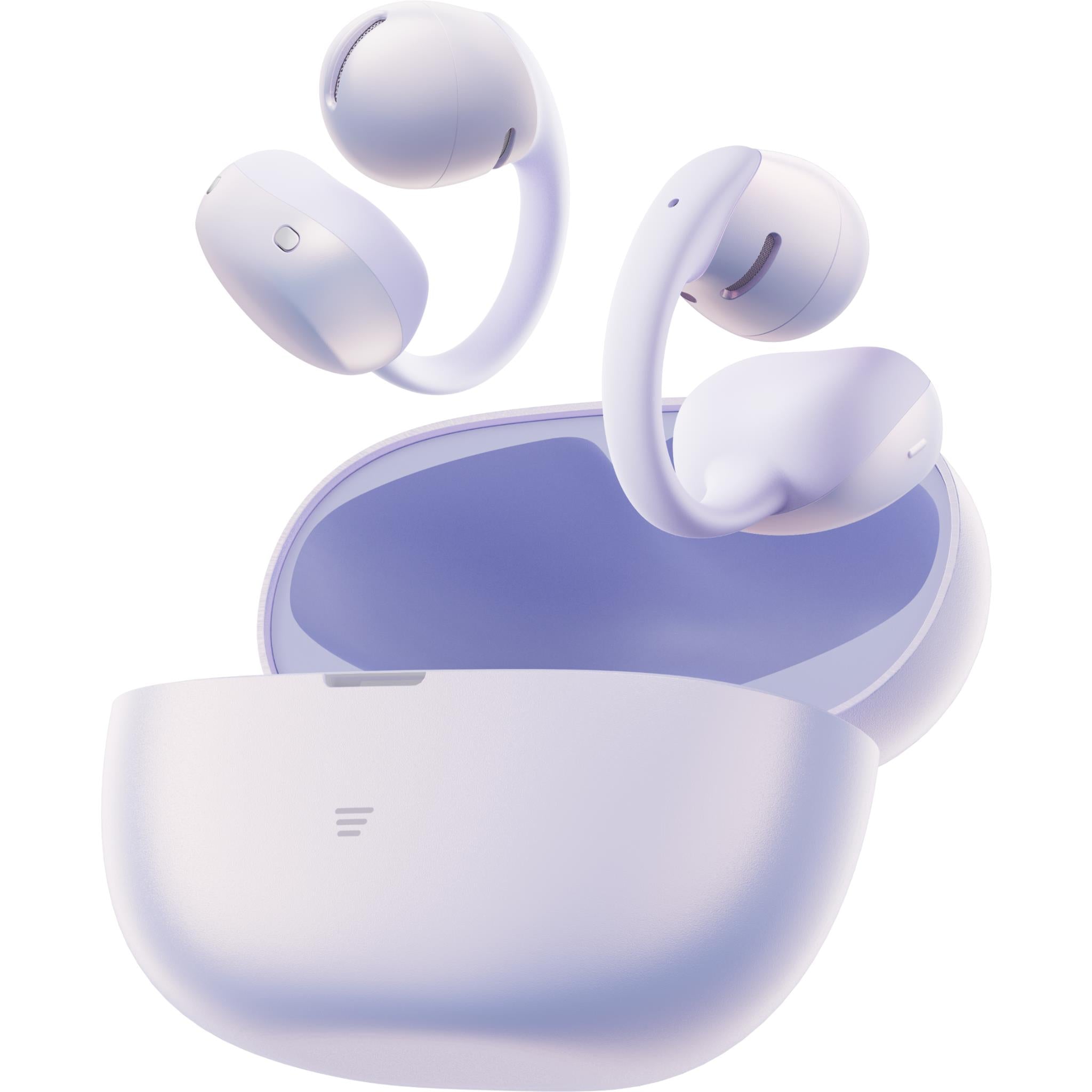 Daybreak Purple open-ear earbuds with earbuds resting beside an open case