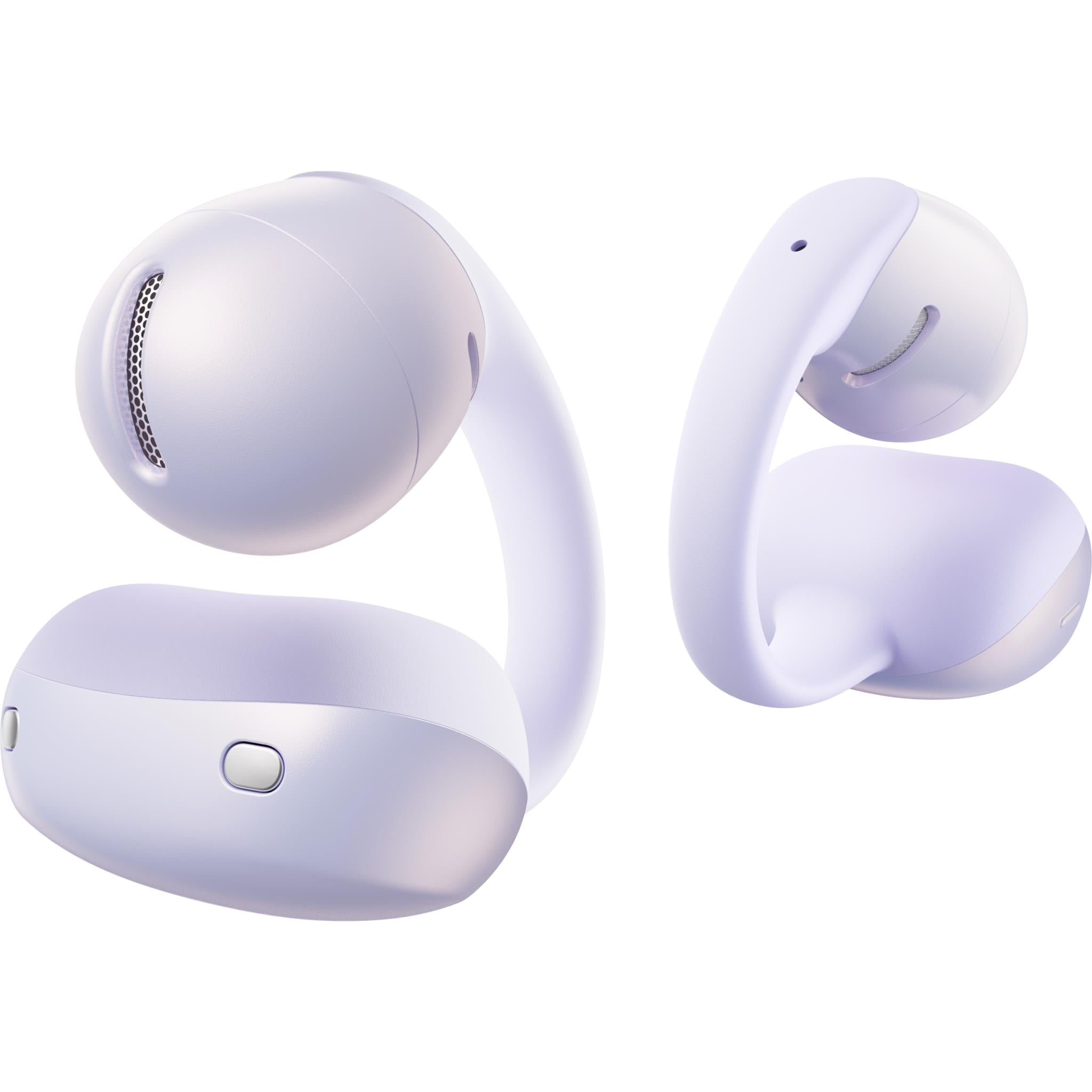 Open-ear wireless earbuds in Daybreak Purple, close-up of ear hooks and buttons