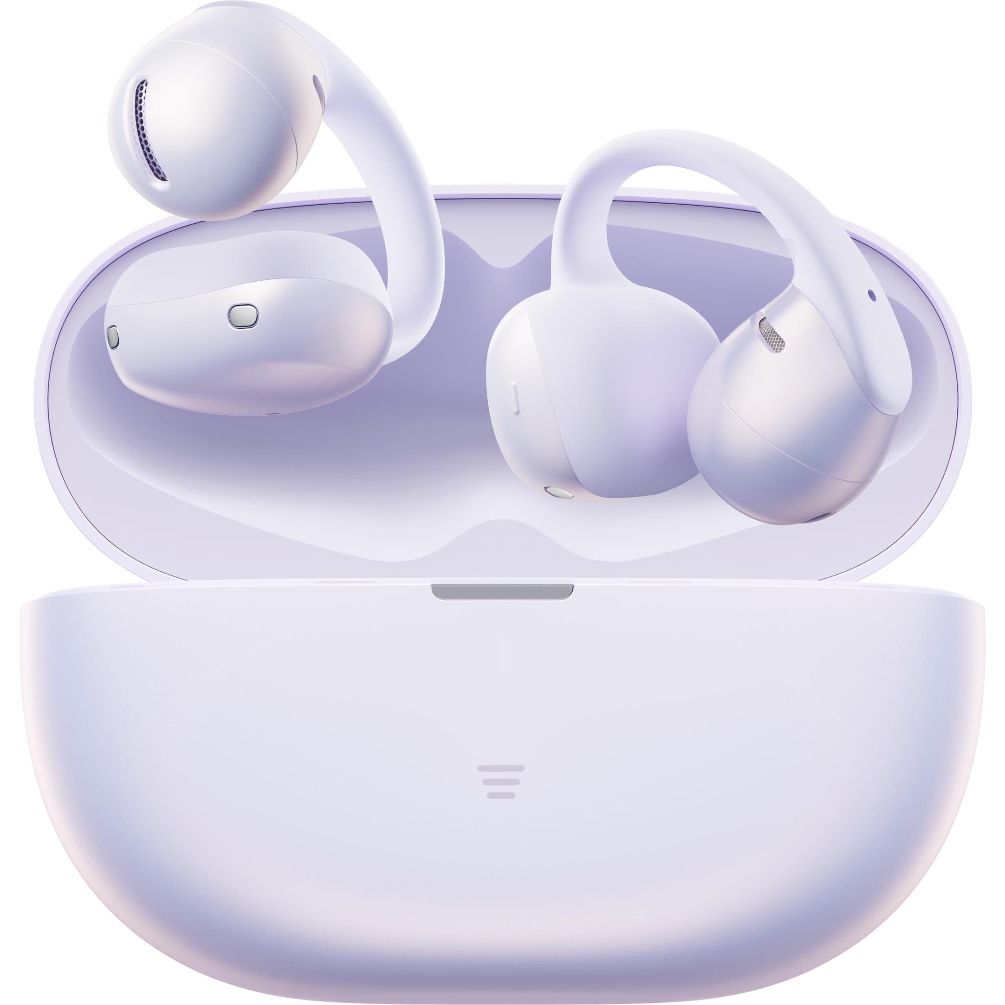 Open charging case with two Daybreak Purple earbuds placed in the dock