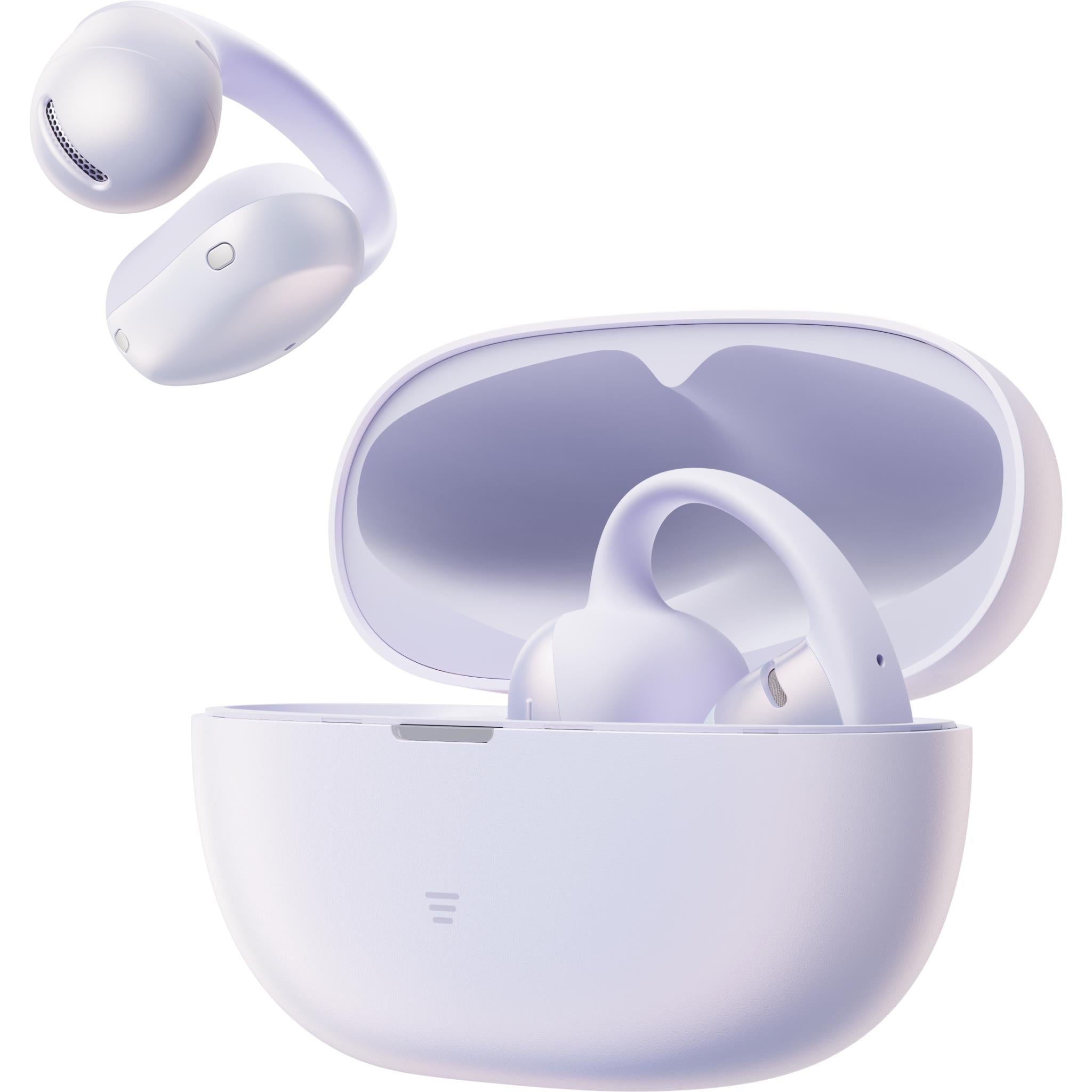 Open-ear earbuds shown from side with Daybreak Purple charging case open