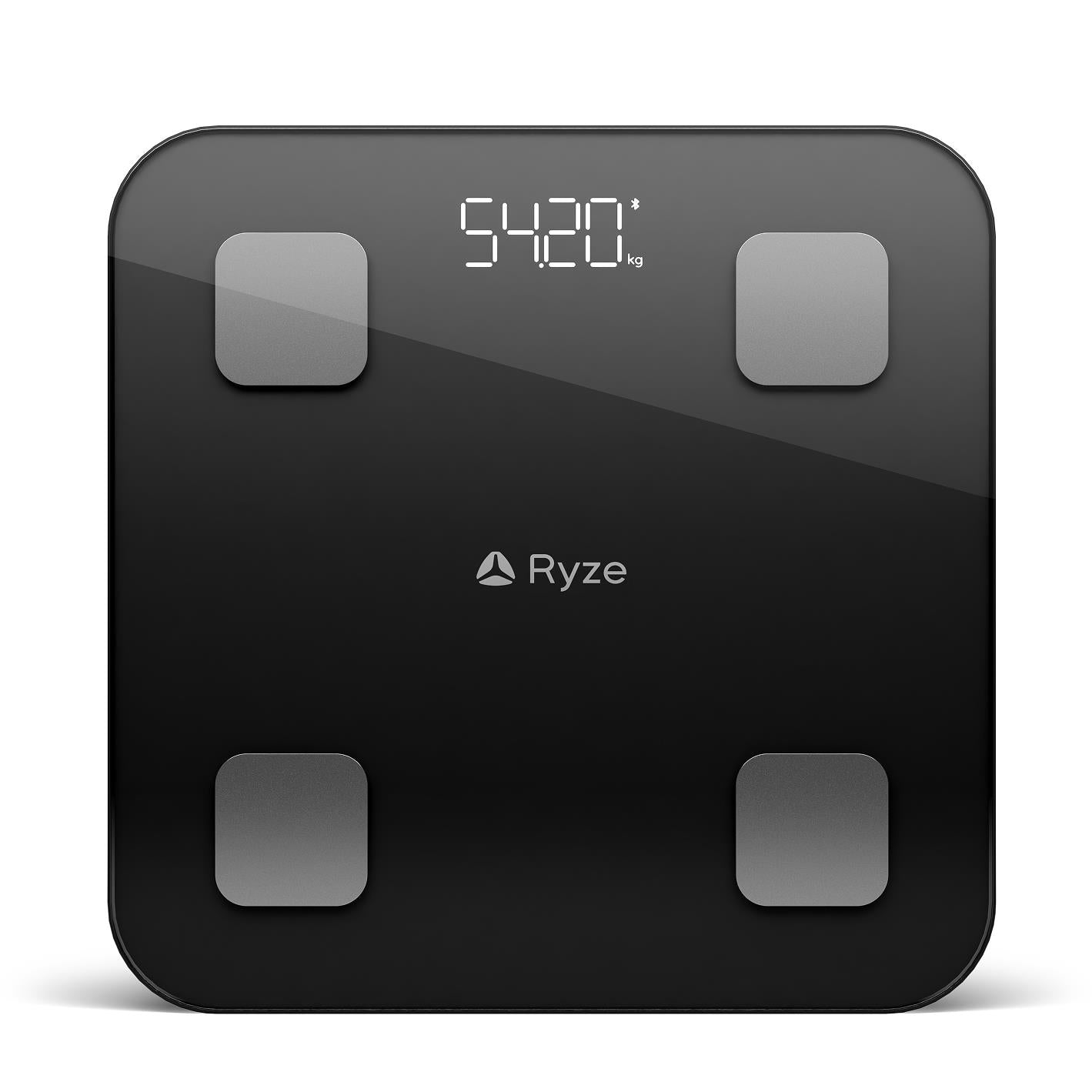 Black smart body scale with four square electrodes and digital weight display