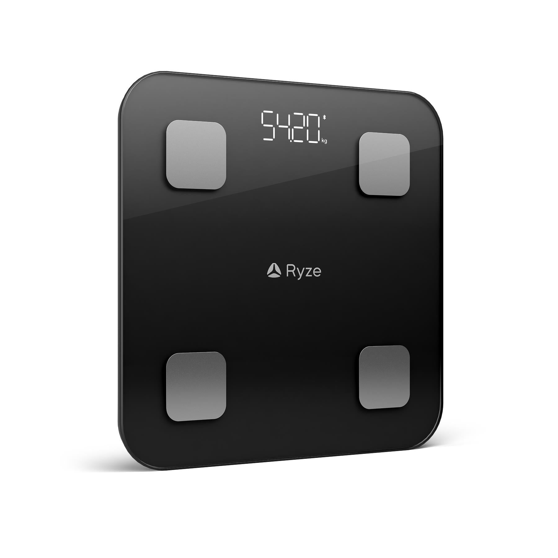 Black smart body scale with digital display and four square touch pads