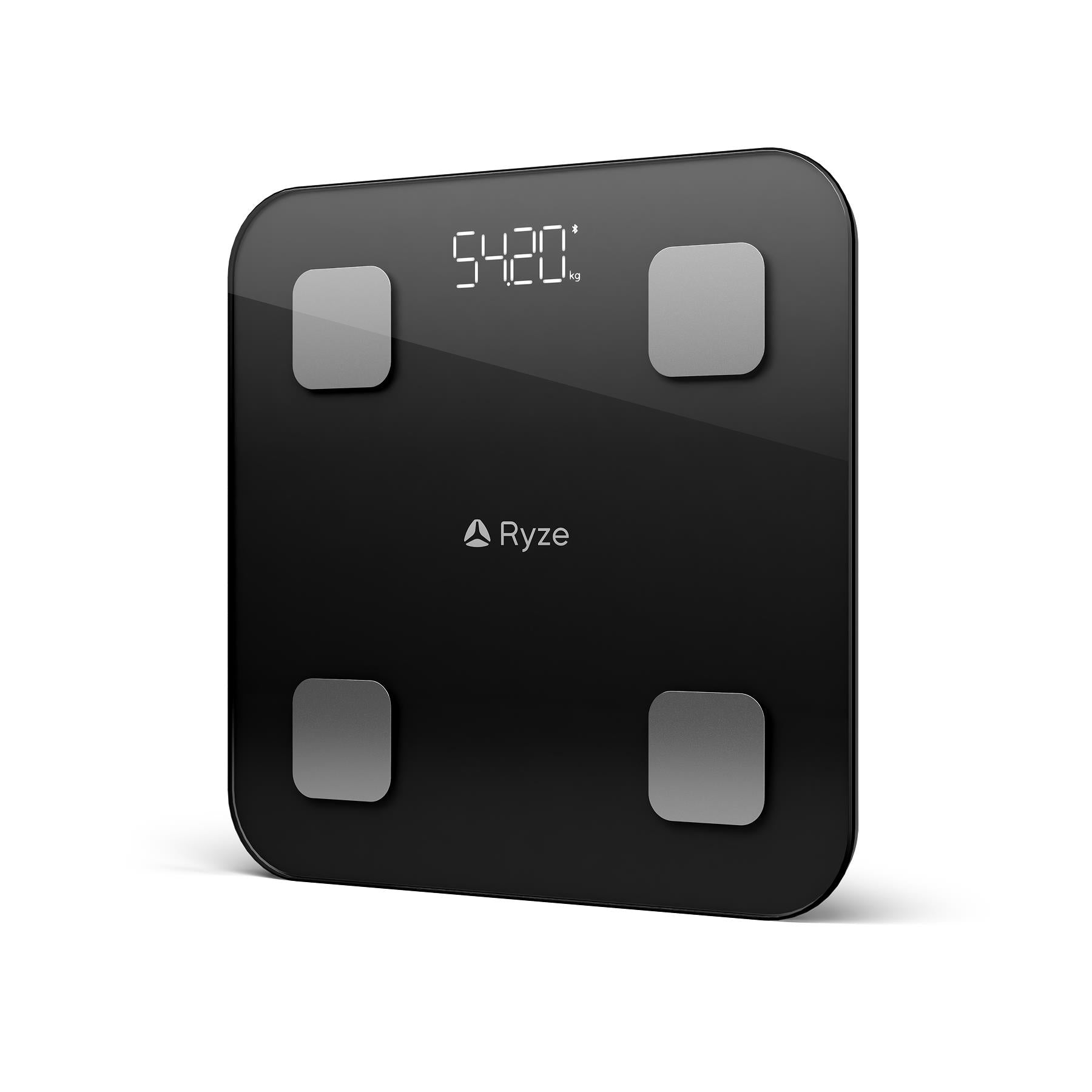 Black smart body scale with centered digital display and four square electrodes