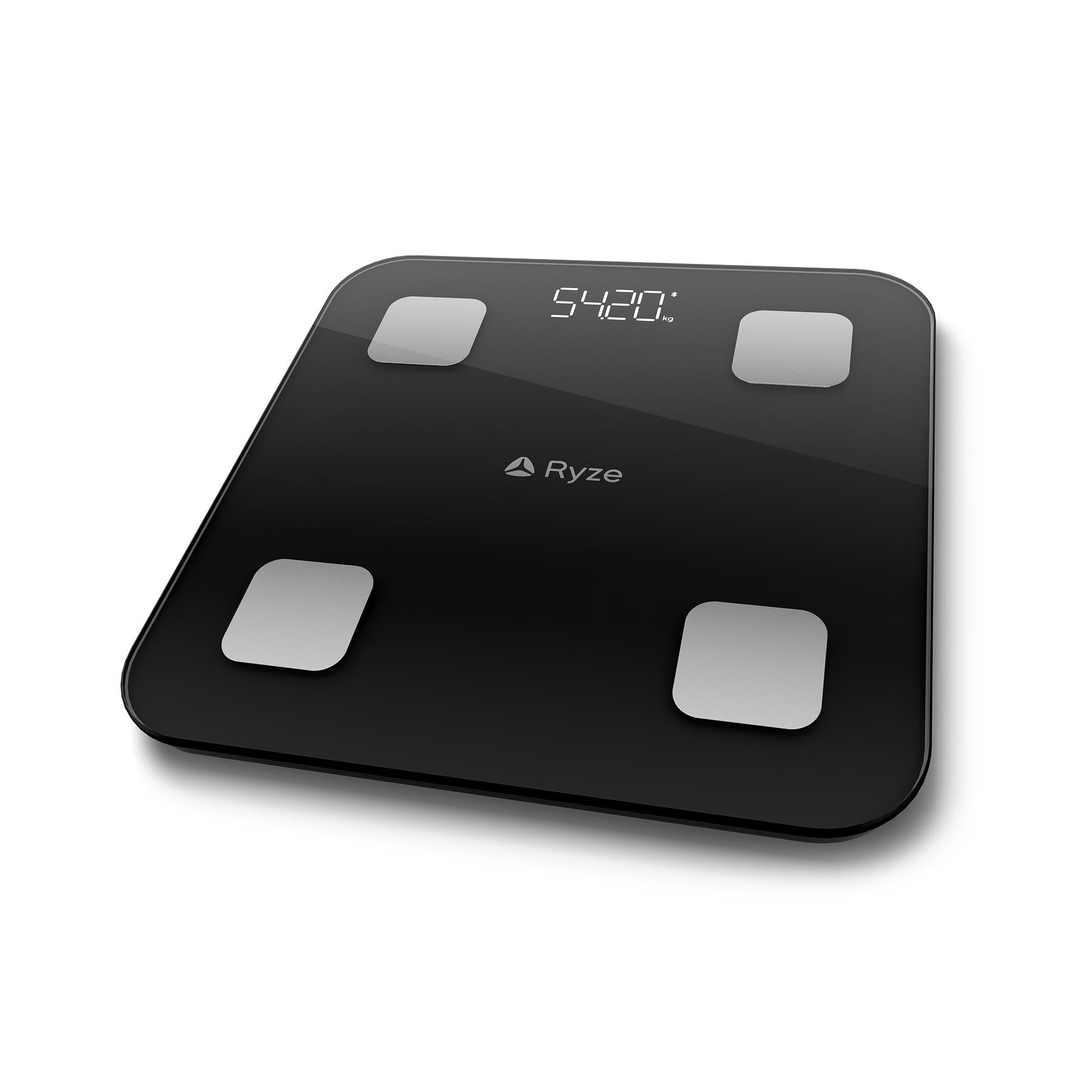 Black smart body scale with tilted view, digital display, and four square electrodes