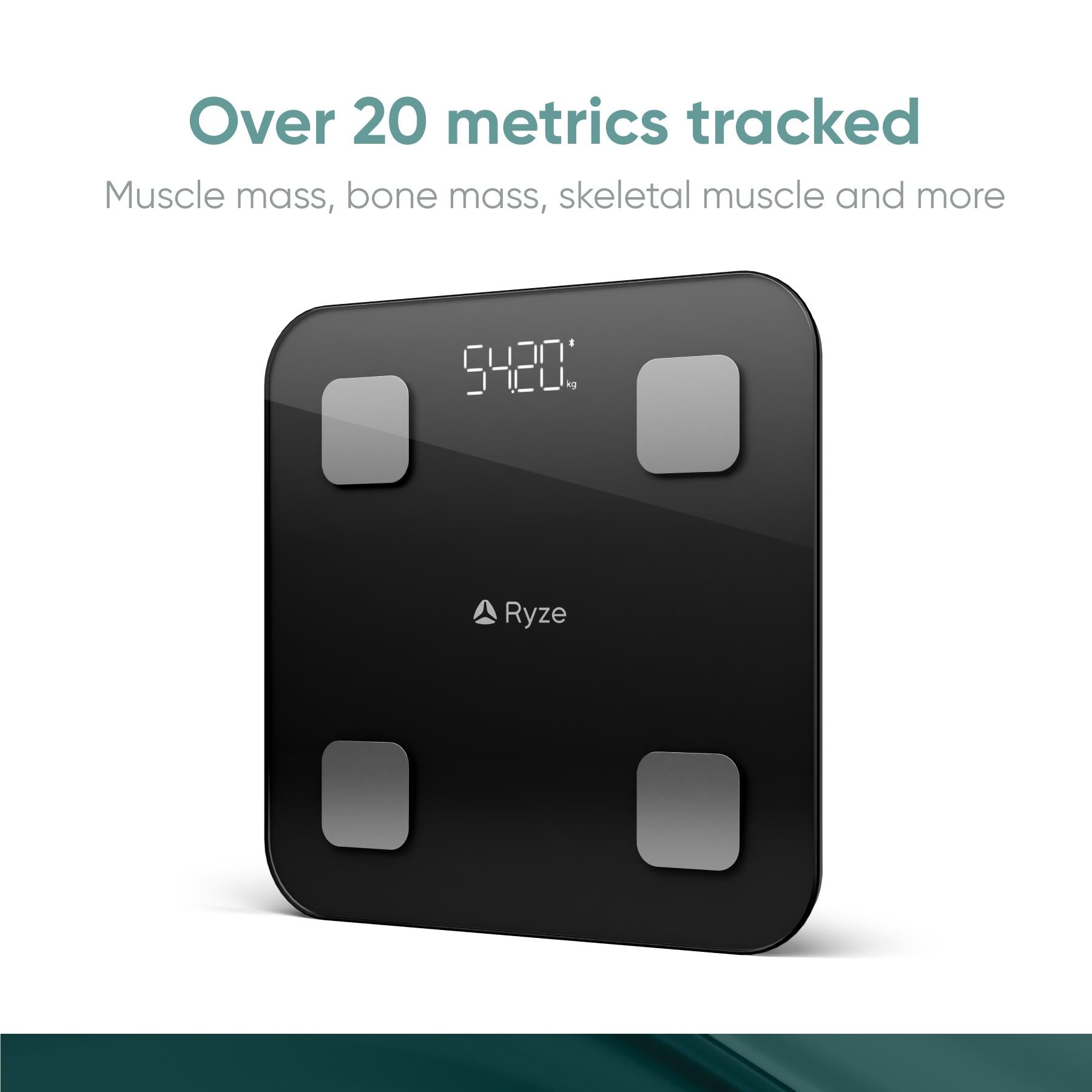 Black smart body scale with four square touch pads and centered digital readout