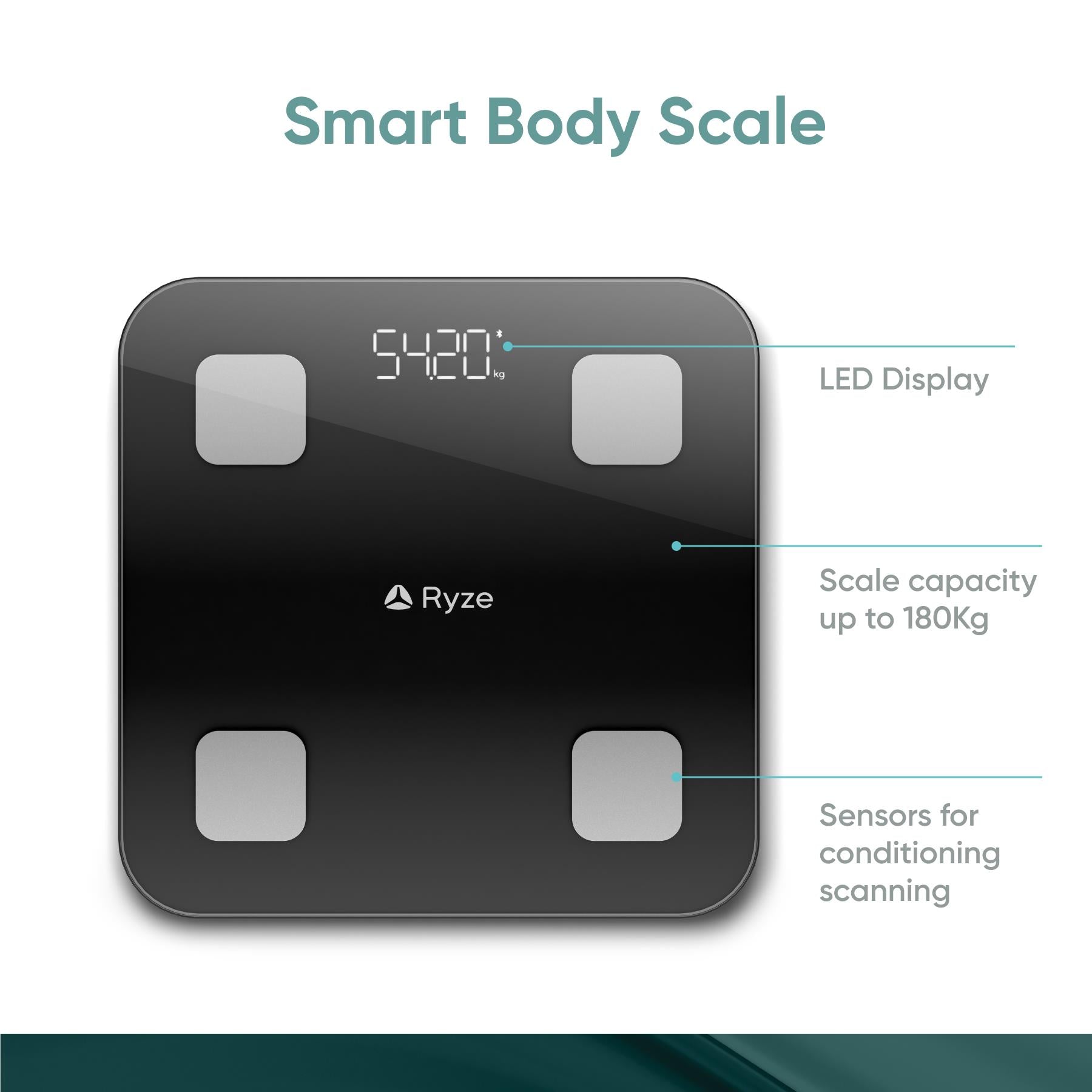 Black smart body scale front with LED digital display and four square electrodes
