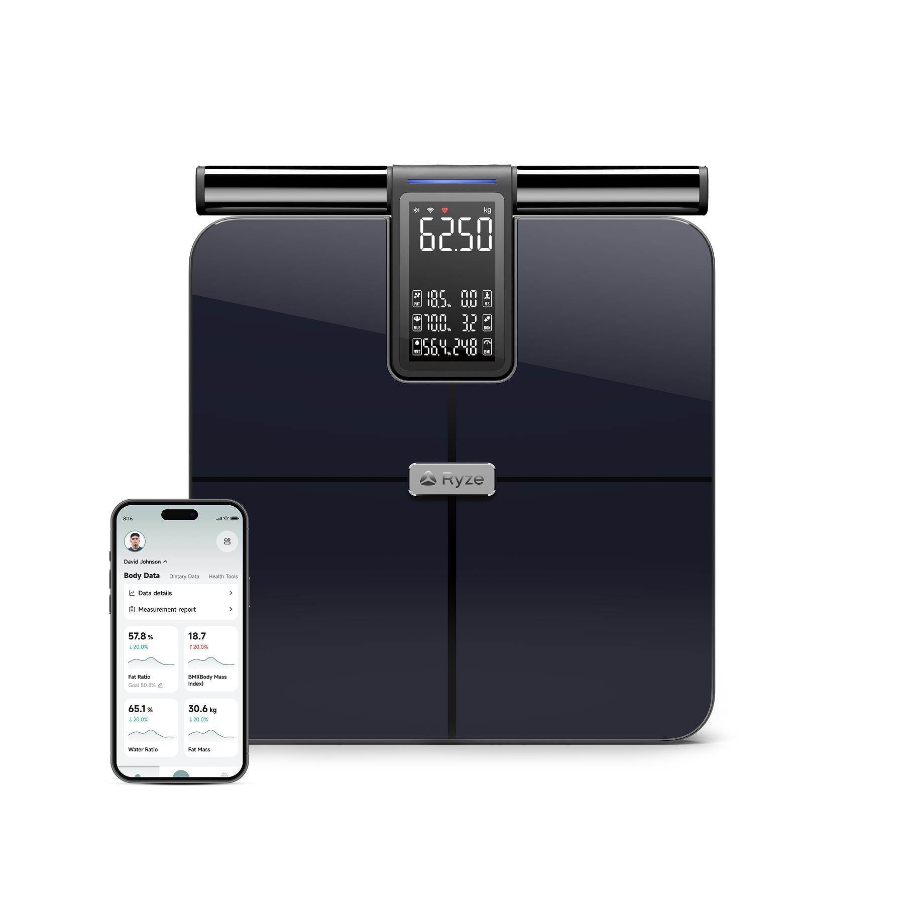 Black smart body scale with LED display and nearby smartphone showing body data