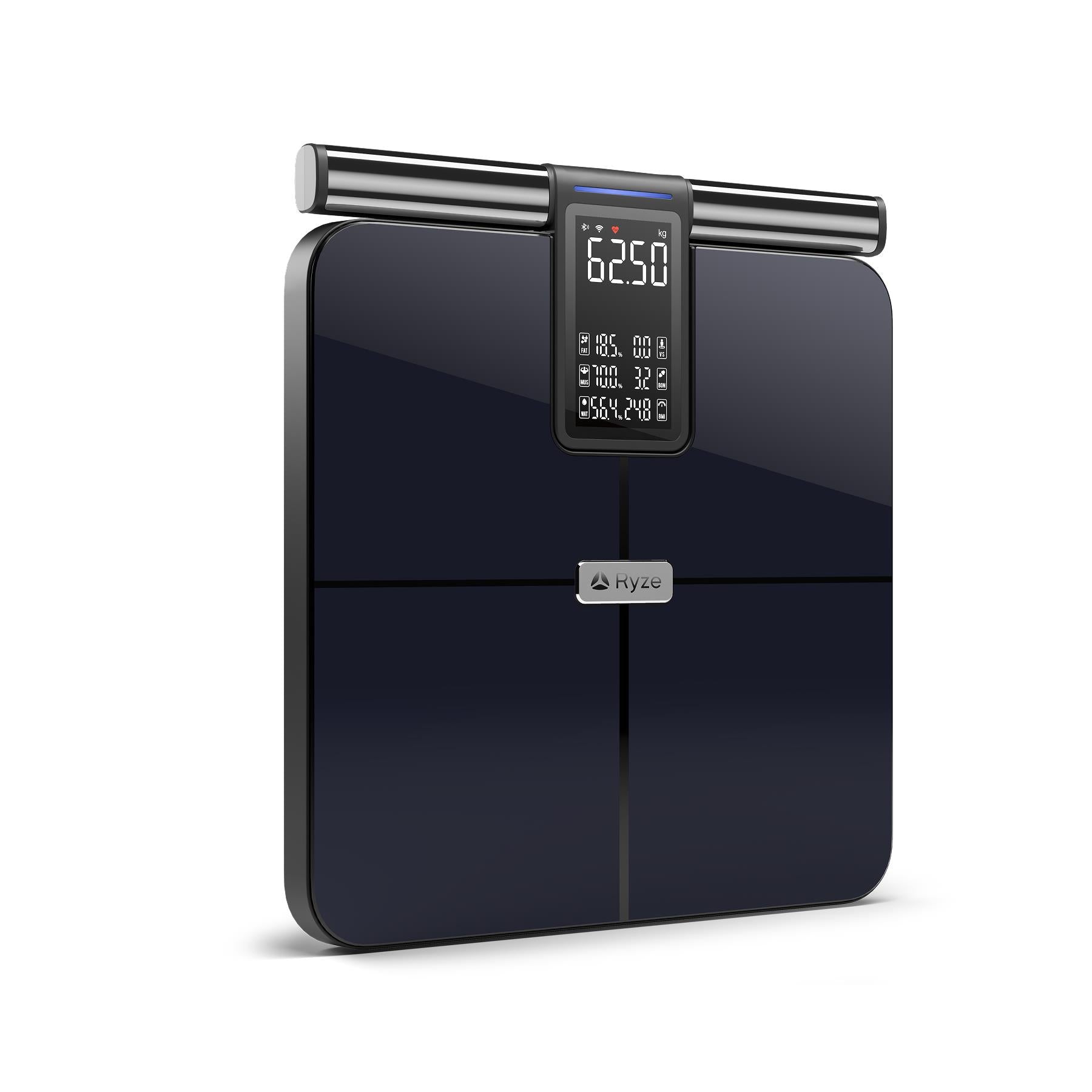 Black smart body scale, angled view, with center LED display and top sensor bar