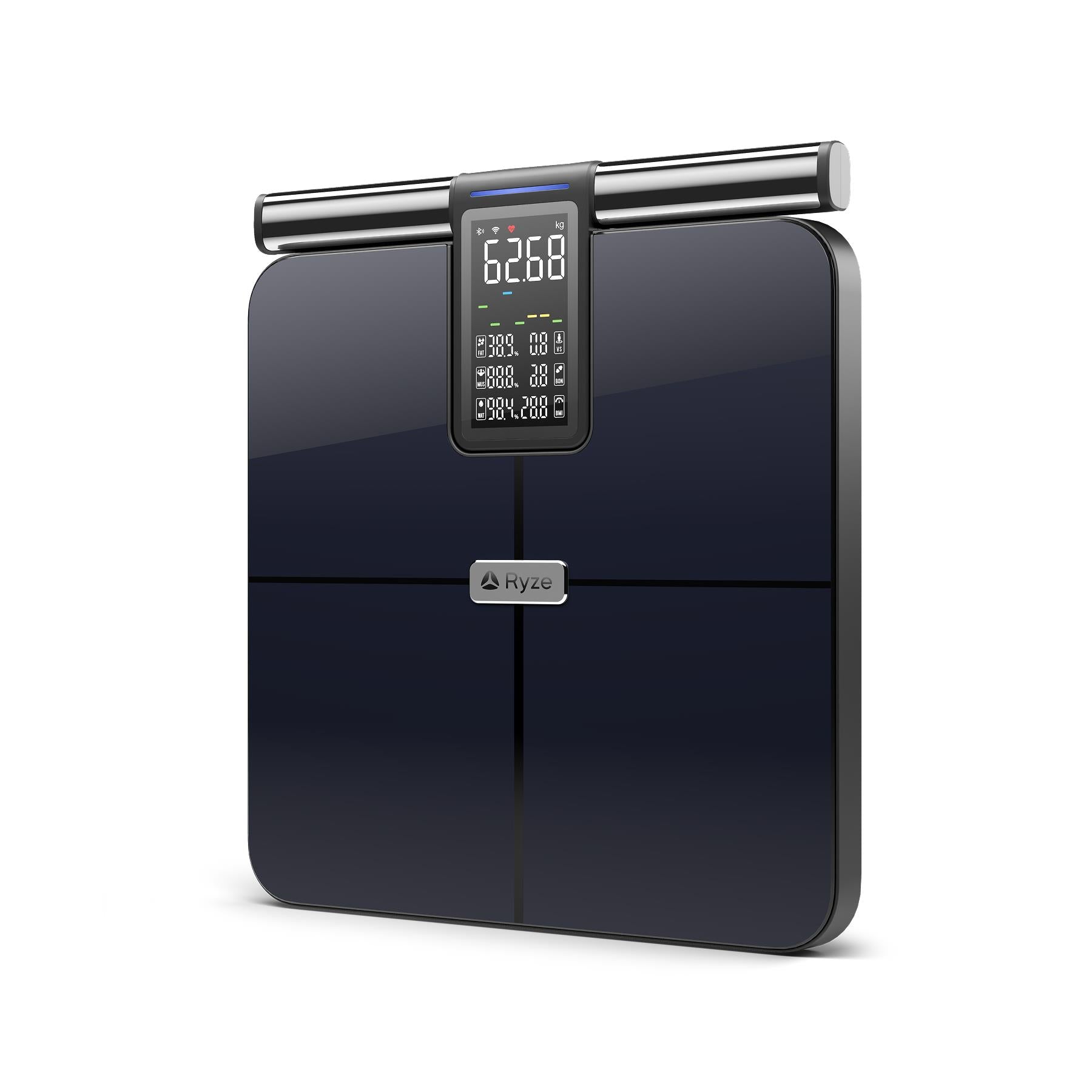 Black smart body scale, front view with LED display and top metal sensor bars