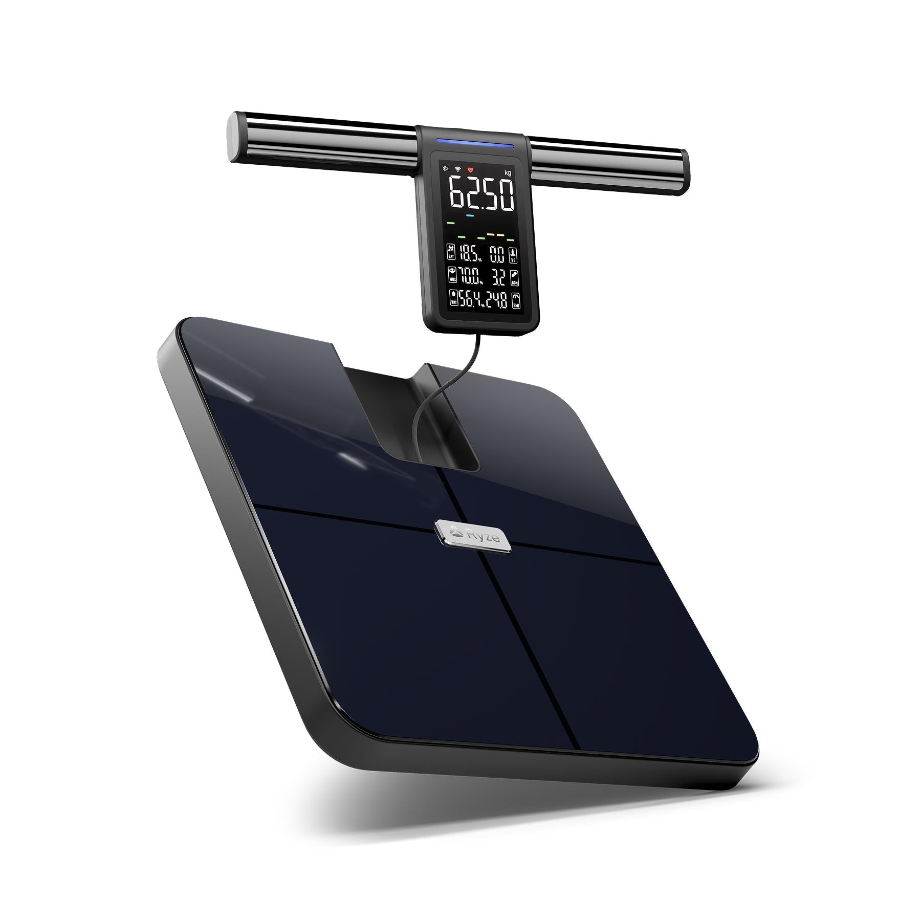 Black smart body scale at an angle with LED display mounted on sensor stem