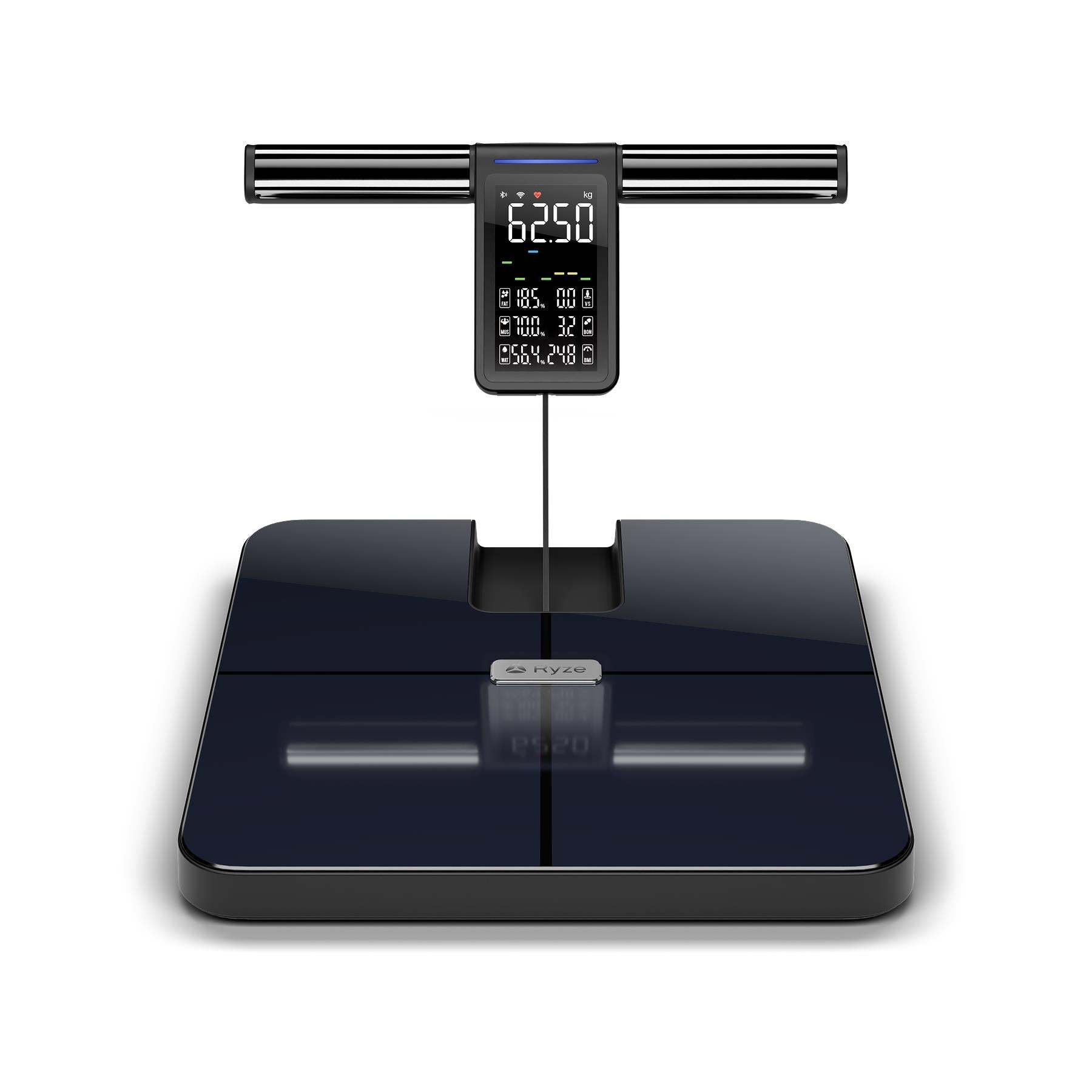 Black smart body scale, top-down view with LED display centered on base