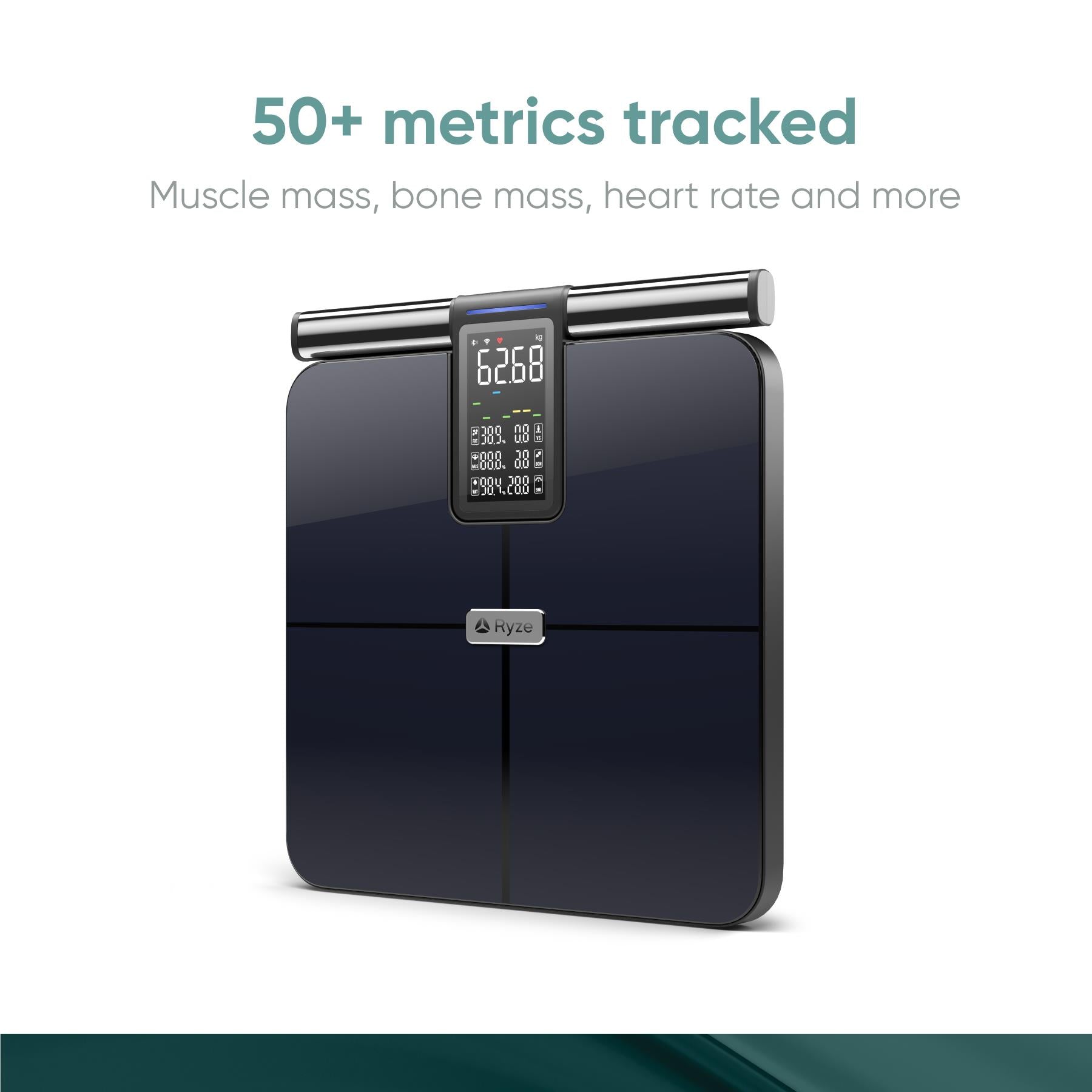Black smart body scale with LED display centered above the glass platform