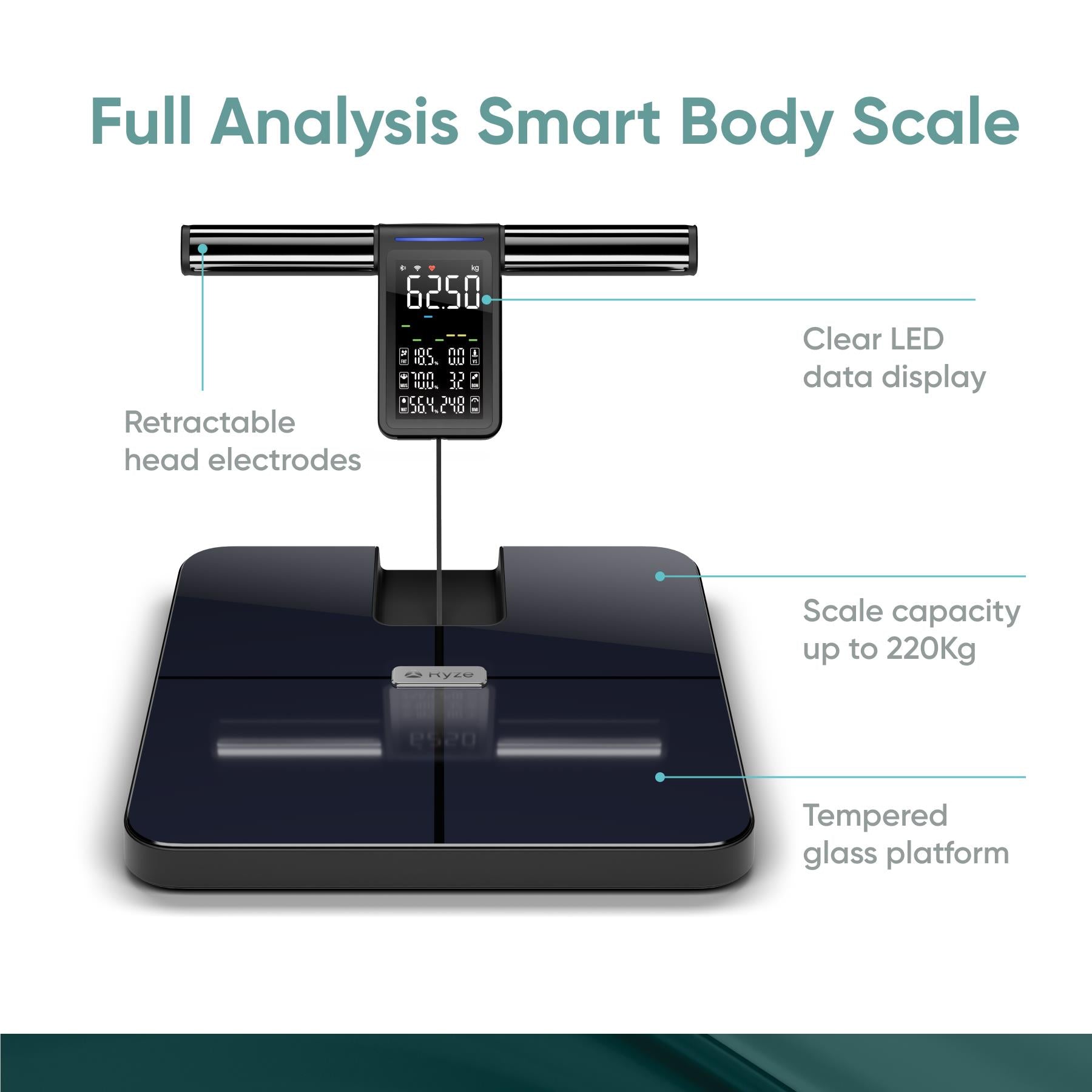 Black smart body scale with illuminated LED display and retractable head electrode bars