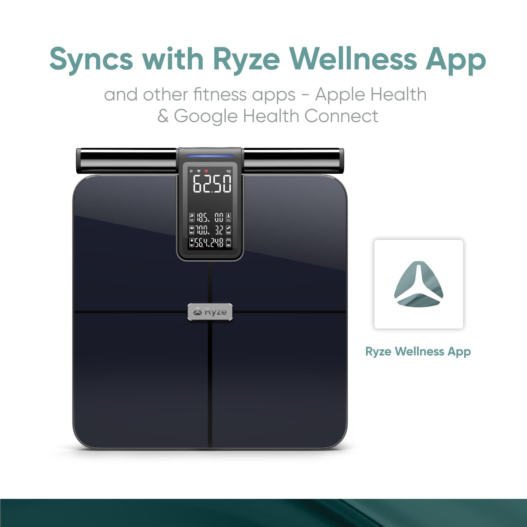 Black smart body scale with LED display and wellness app icon nearby