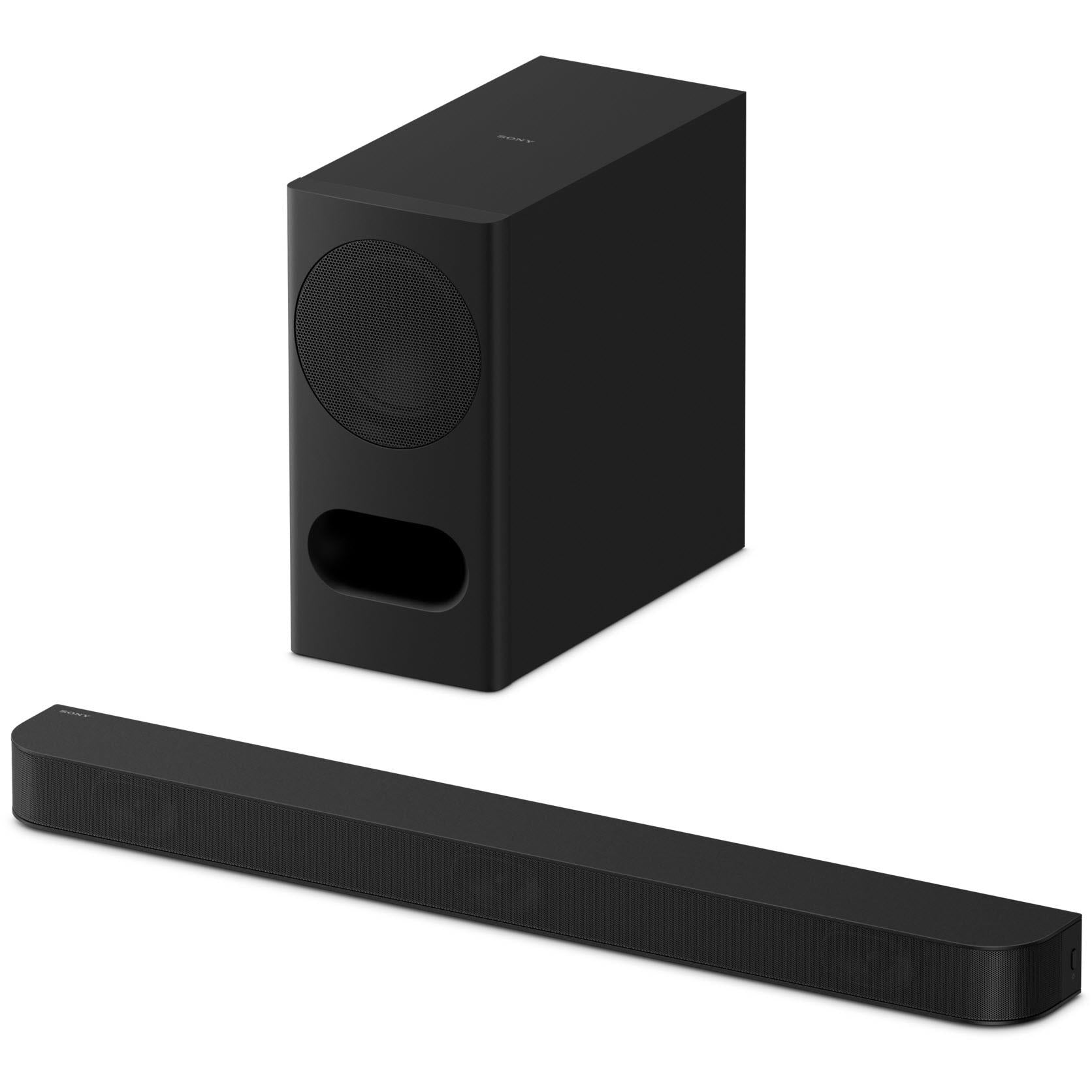 Black wireless subwoofer speaker box with round grille and oval port