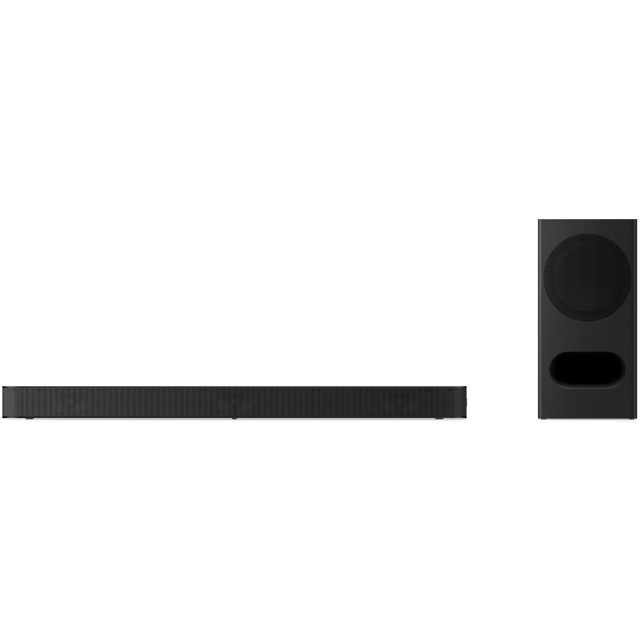 Black soundbar with textured front grille bar, plus small black subwoofer