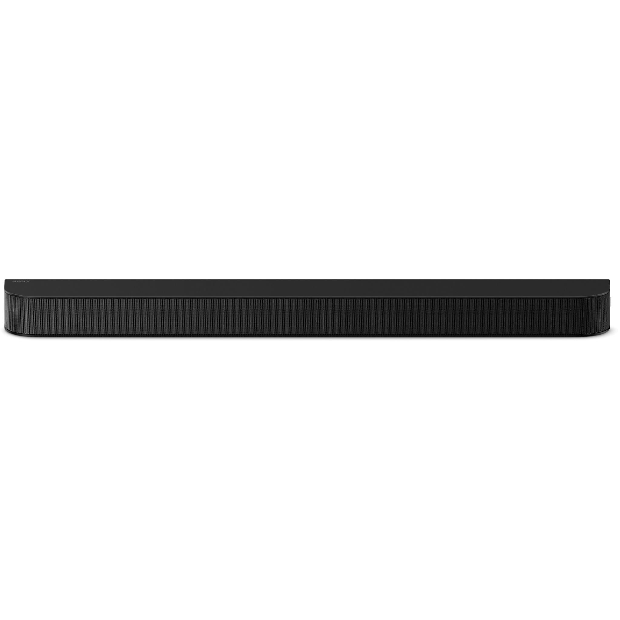 Low-profile black soundbar with horizontal textured grille
