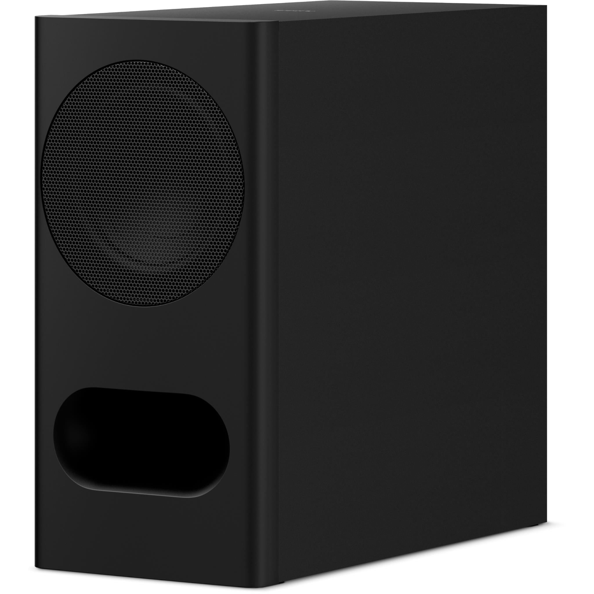 Black wireless subwoofer with round speaker grille and oval bass port
