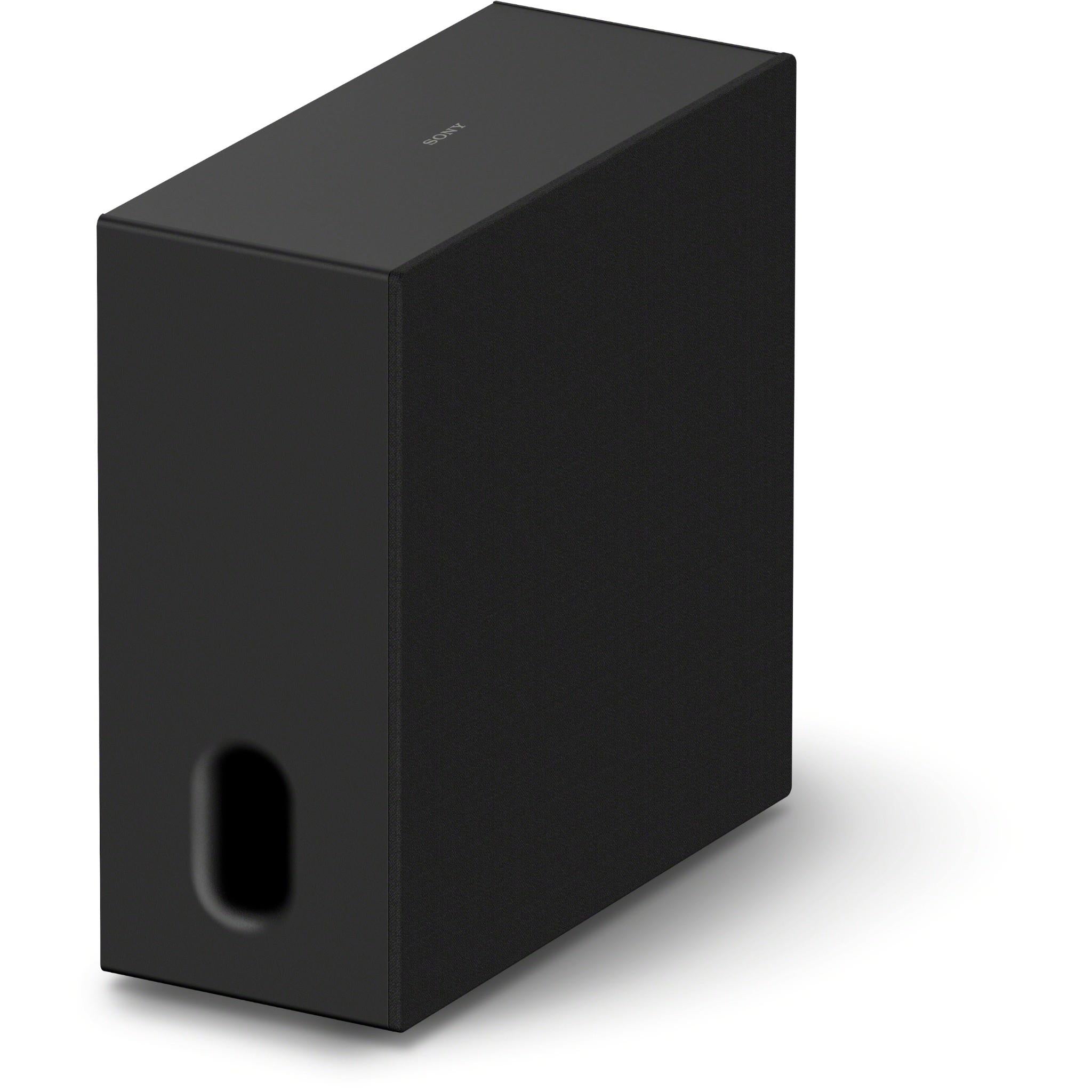 Wireless home theatre subwoofer, black cabinet with front port opening.