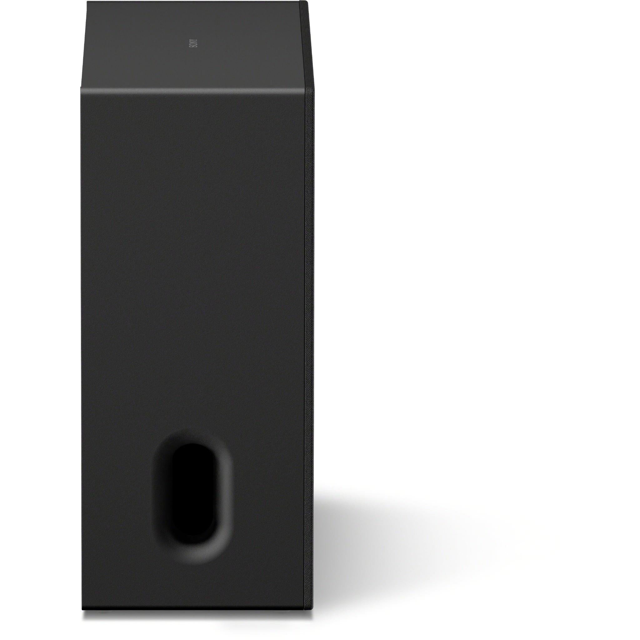 Wireless home theatre subwoofer, black vertical side view with front bass port.