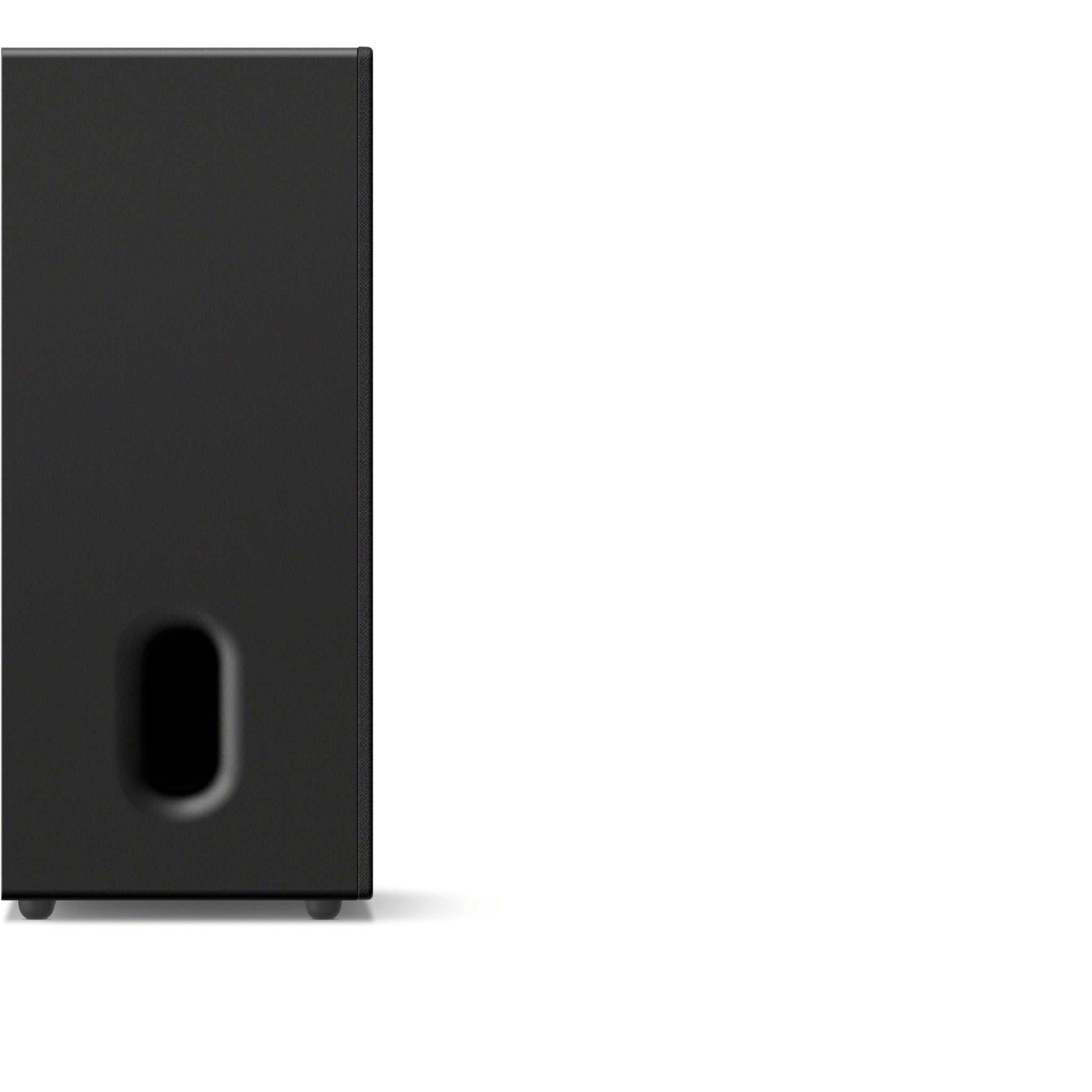 Wireless home theatre subwoofer, black side view with front port and feet.