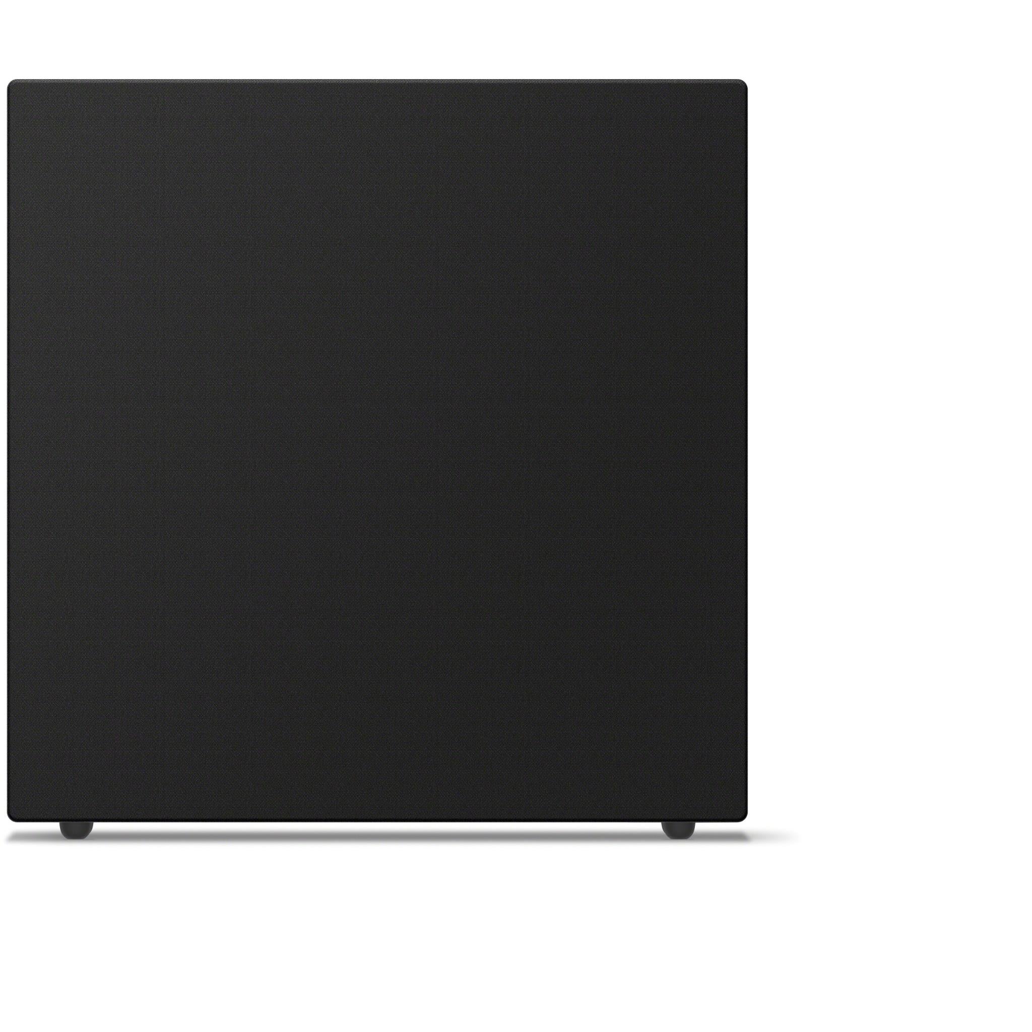 Wireless home theatre subwoofer, black front panel with four corner feet.
