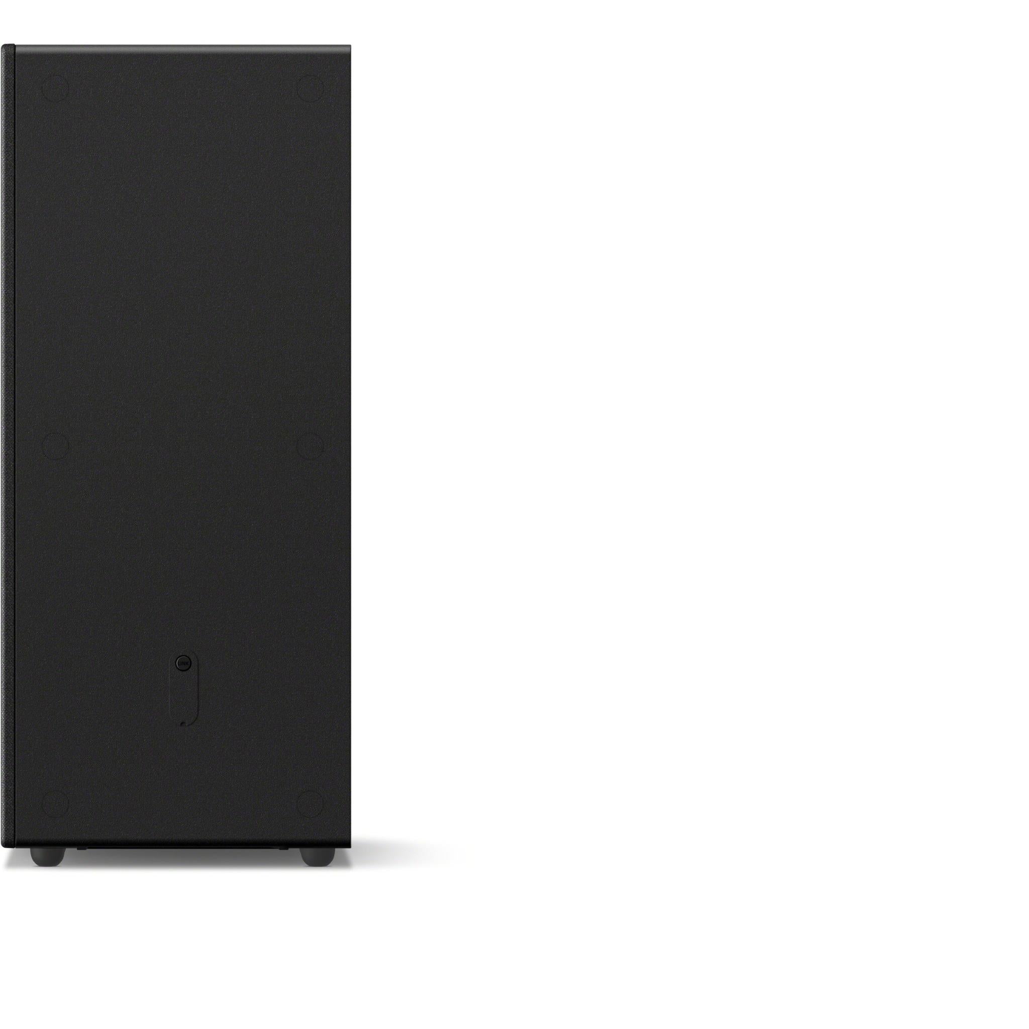 Wireless home theatre subwoofer, black rear side with small control or socket panel.