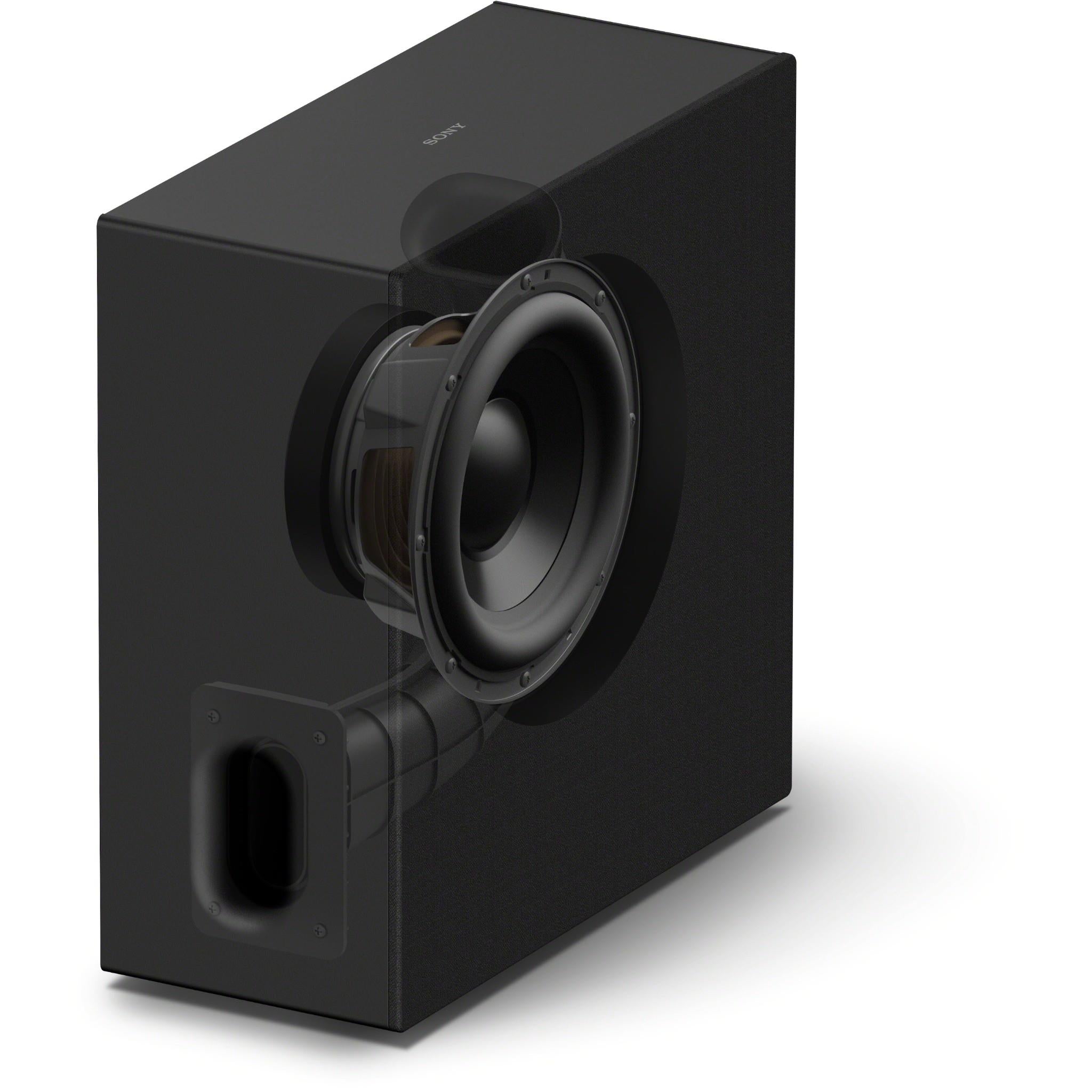 Wireless home theatre subwoofer, black cabinet with visible speaker driver and port.