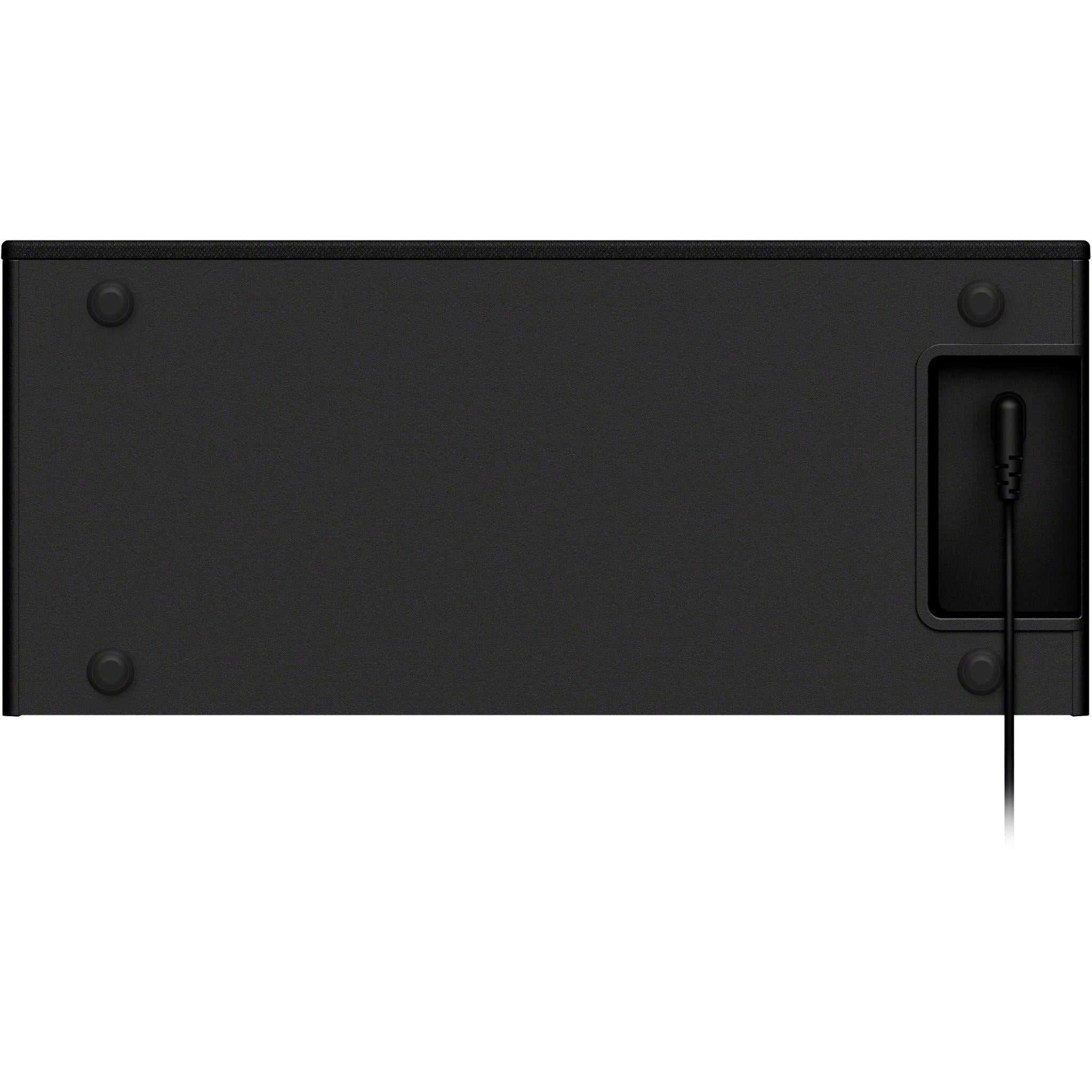 Wireless home theatre subwoofer rear panel with ports and connected cable.