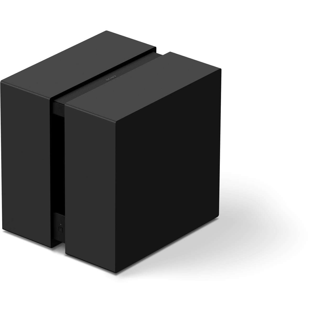 Wireless home theatre subwoofer, dark matte black cube with stacked front panels
