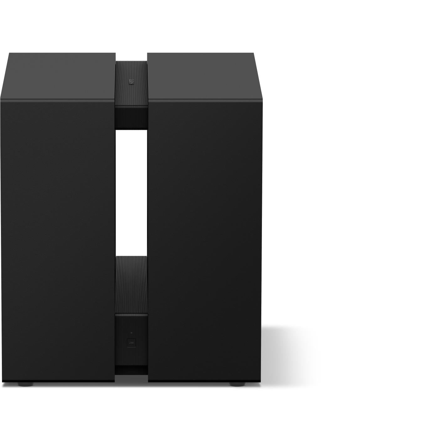 Wireless subwoofer cabinet, front-facing view with slim central panel and ports