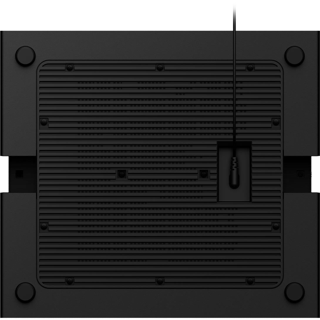 Wireless subwoofer rear panel, black grille with vent slots and connection port
