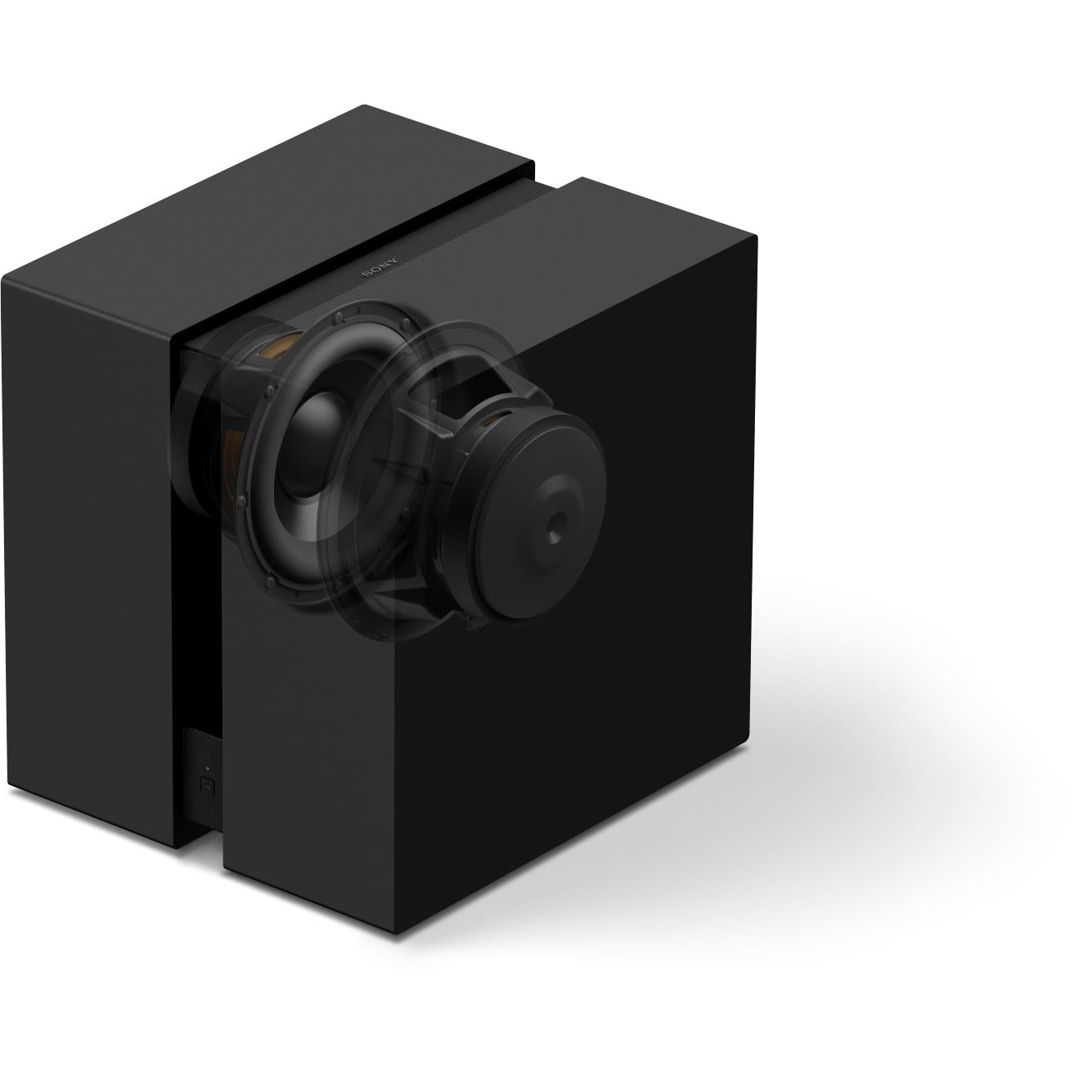 Wireless subwoofer front view, dark matte black cabinet with visible woofer driver