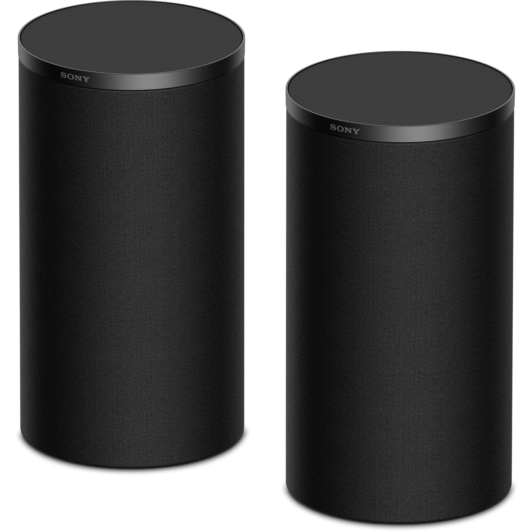 Sony wireless rear speakers, black cylinders, fabric-textured with top trim (pair)