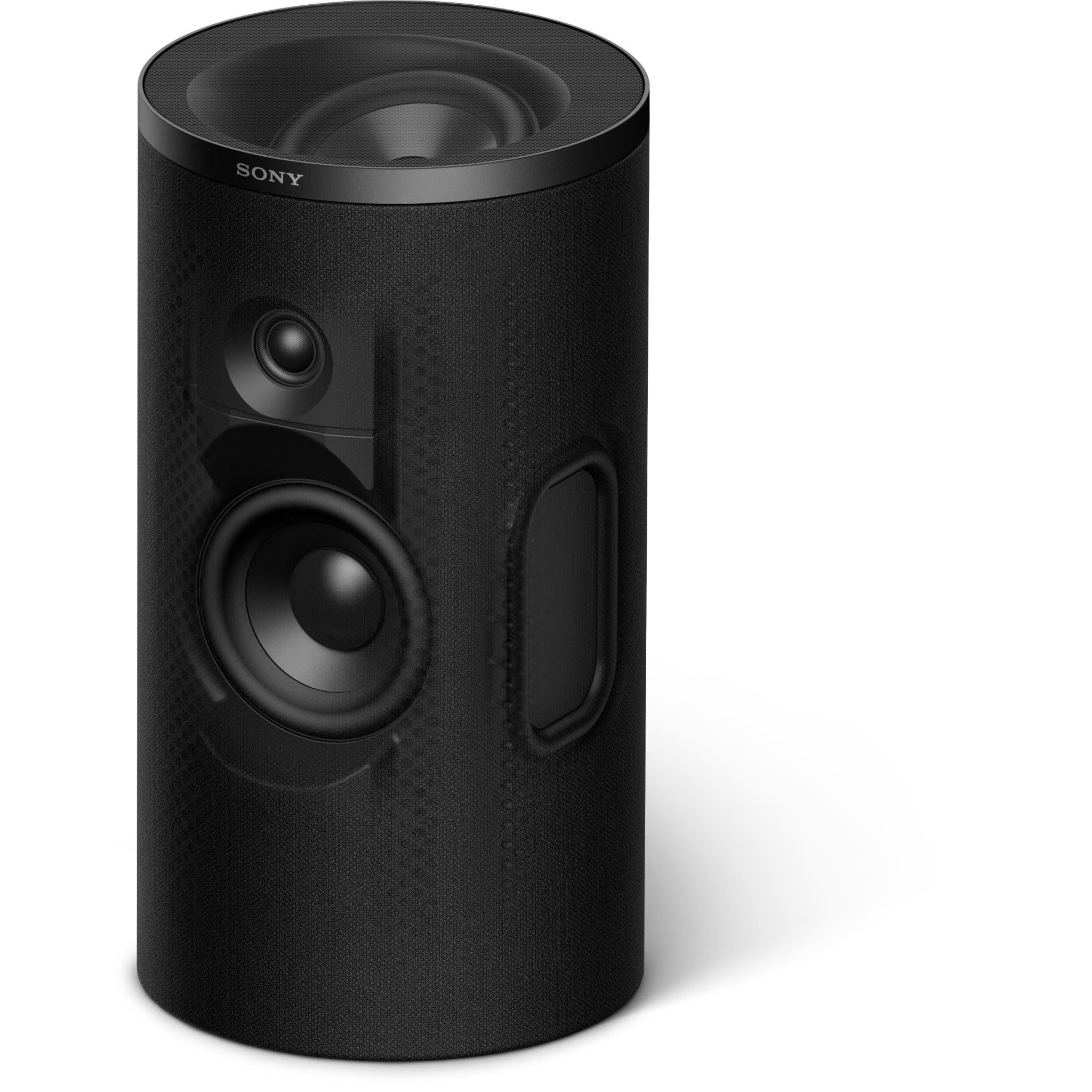 Sony wireless rear speaker, black cylinder with visible dual drivers and top speaker