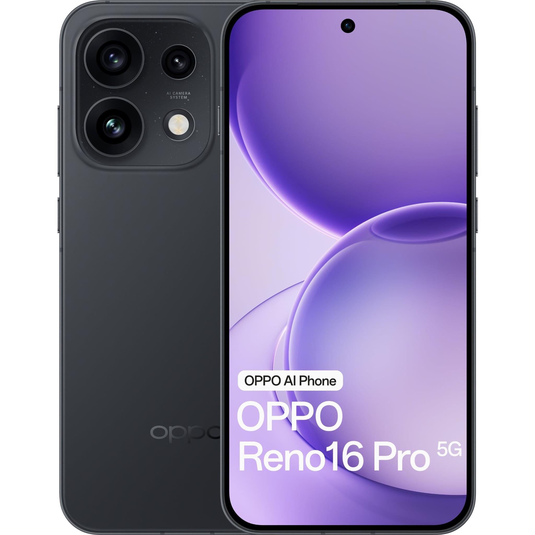 OPPO smartphone front with purple display and black quad rear camera