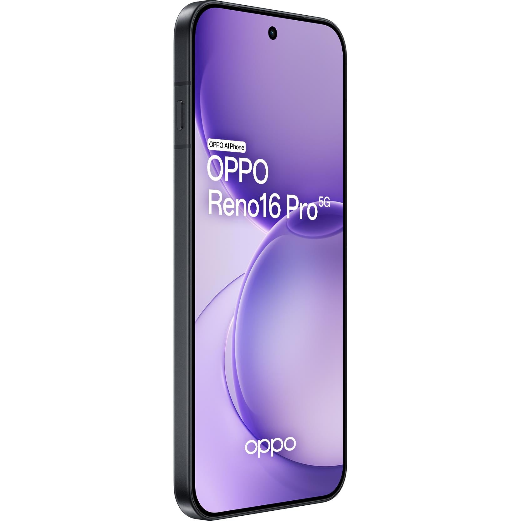 OPPO smartphone front angled with purple display and slim black frame