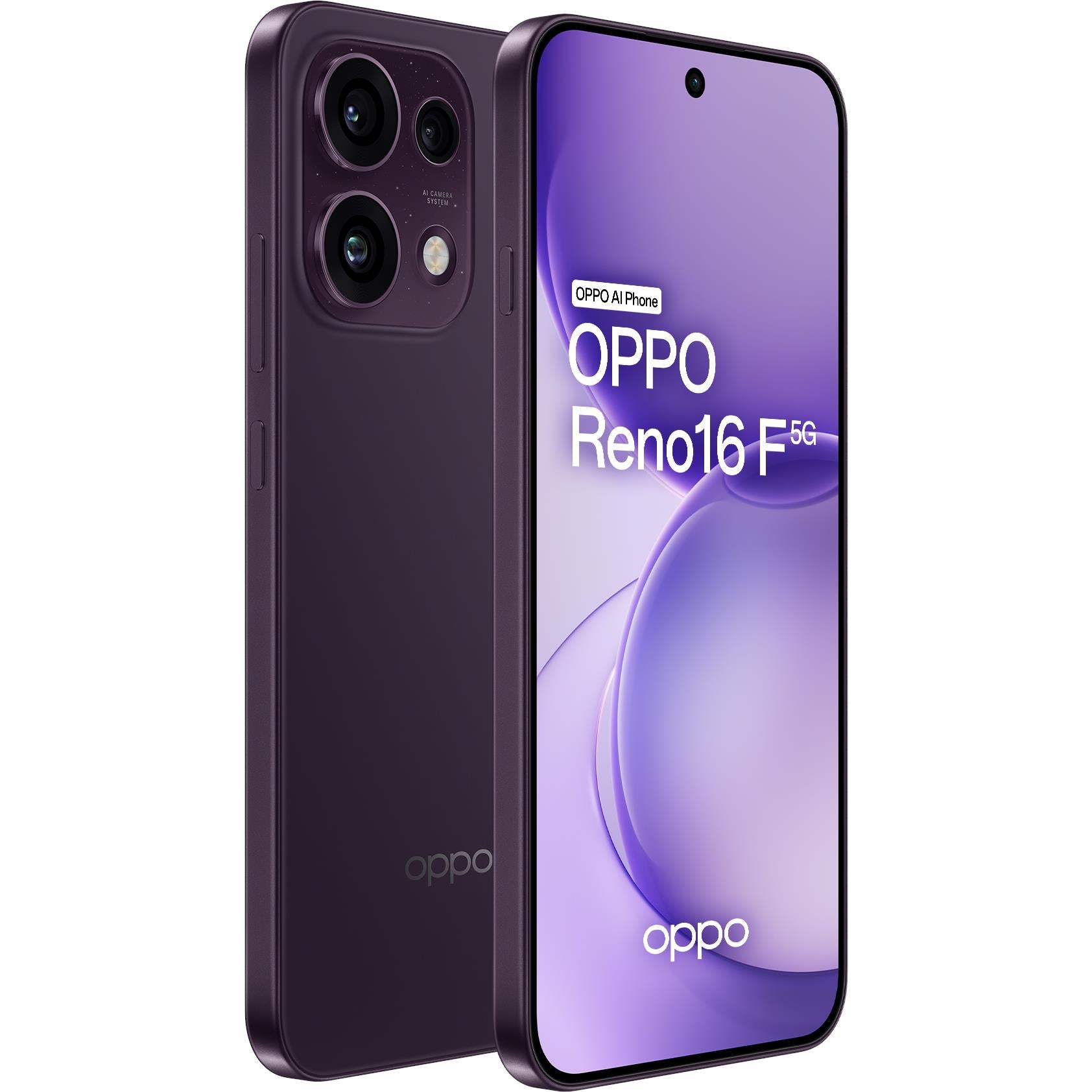 OPPO Reno16 F 5G smartphone with front display and triple rear cameras, twilight violet