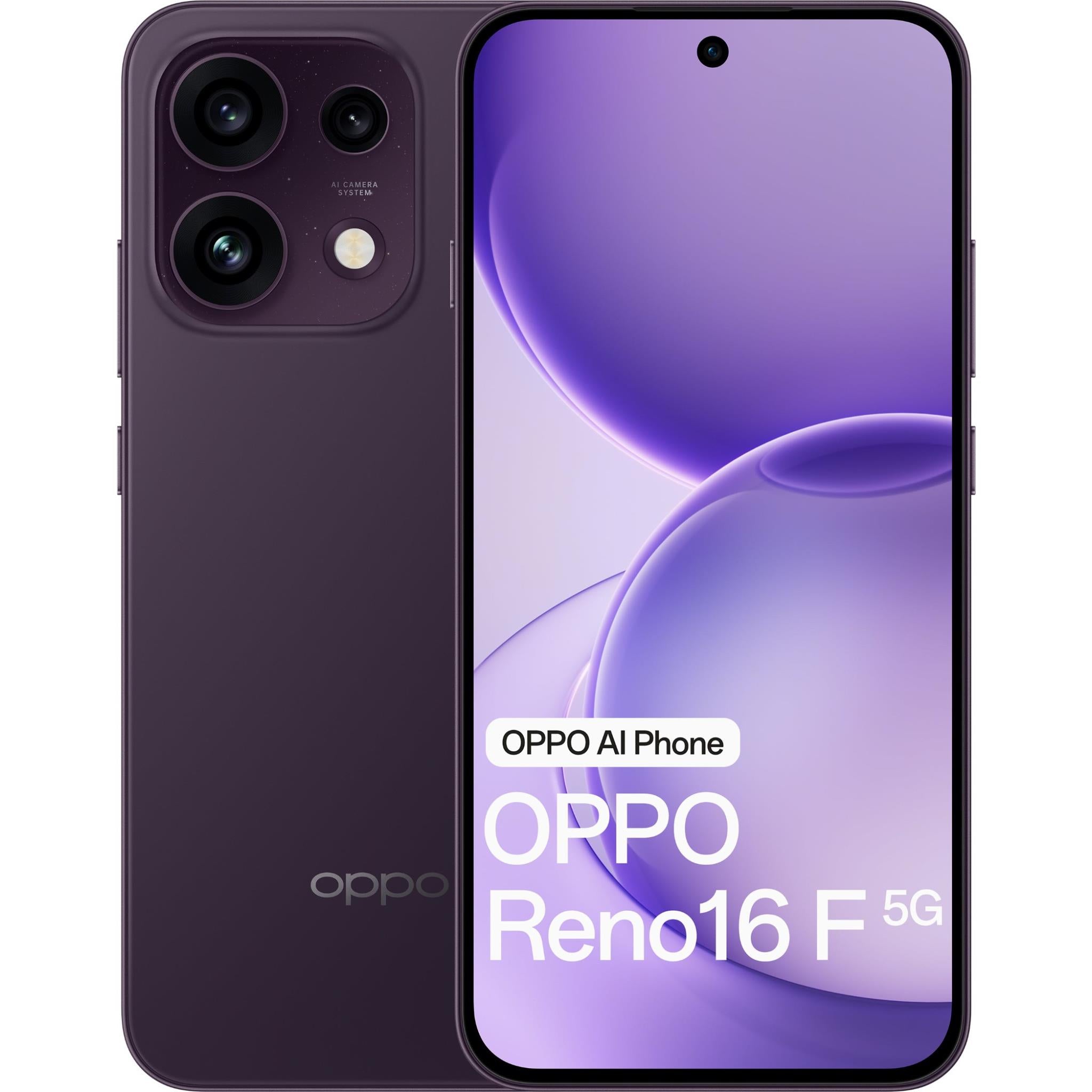 OPPO Reno16 F 5G smartphone showing front screen and rear camera module, twilight violet